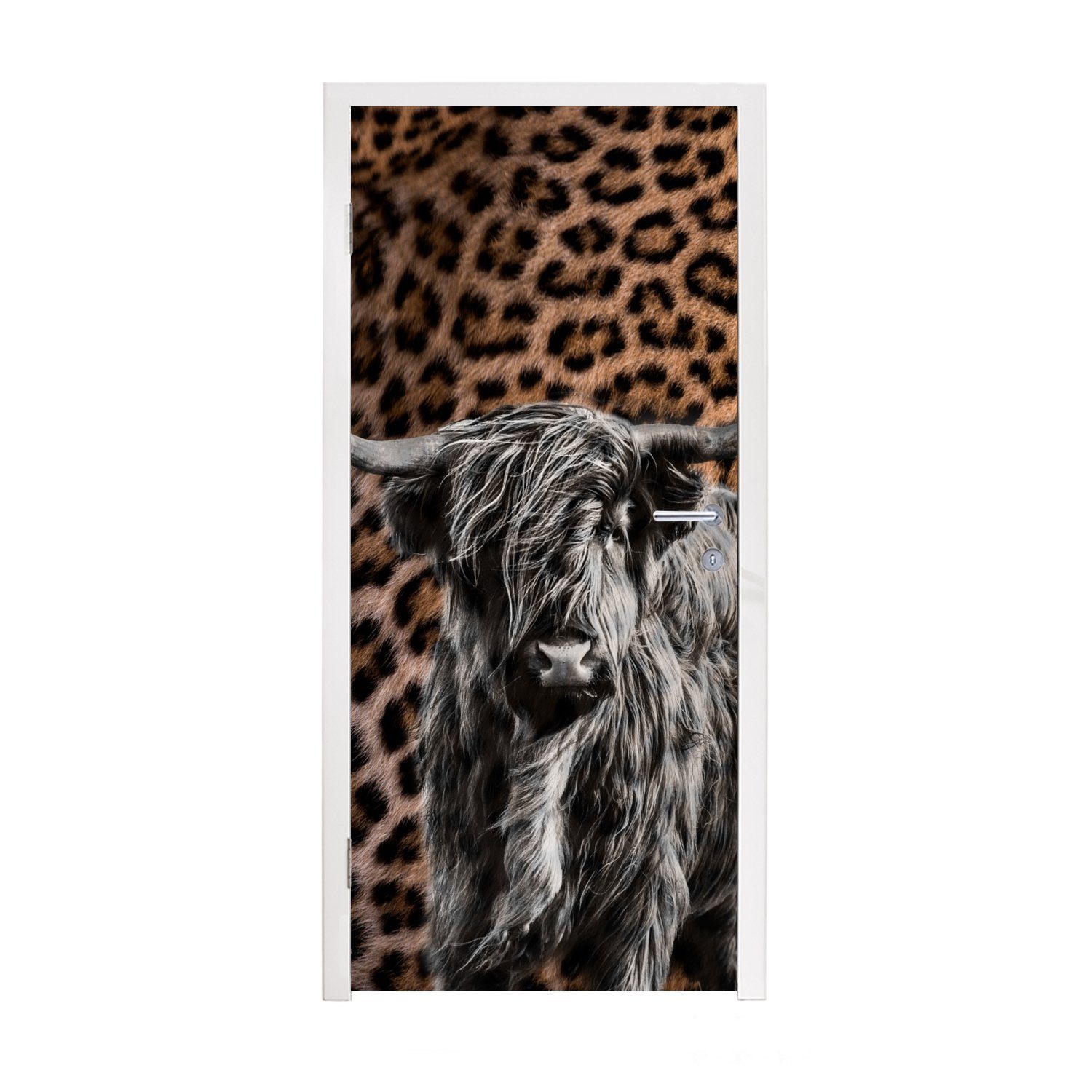 MuchoWow Türtapete Schottischer Highlander - Pantherdruck - Schwarz - Weiß, Matt, bedruckt, (1 St), Fototapete für Tür, Türaufkleber, 75x205 cm