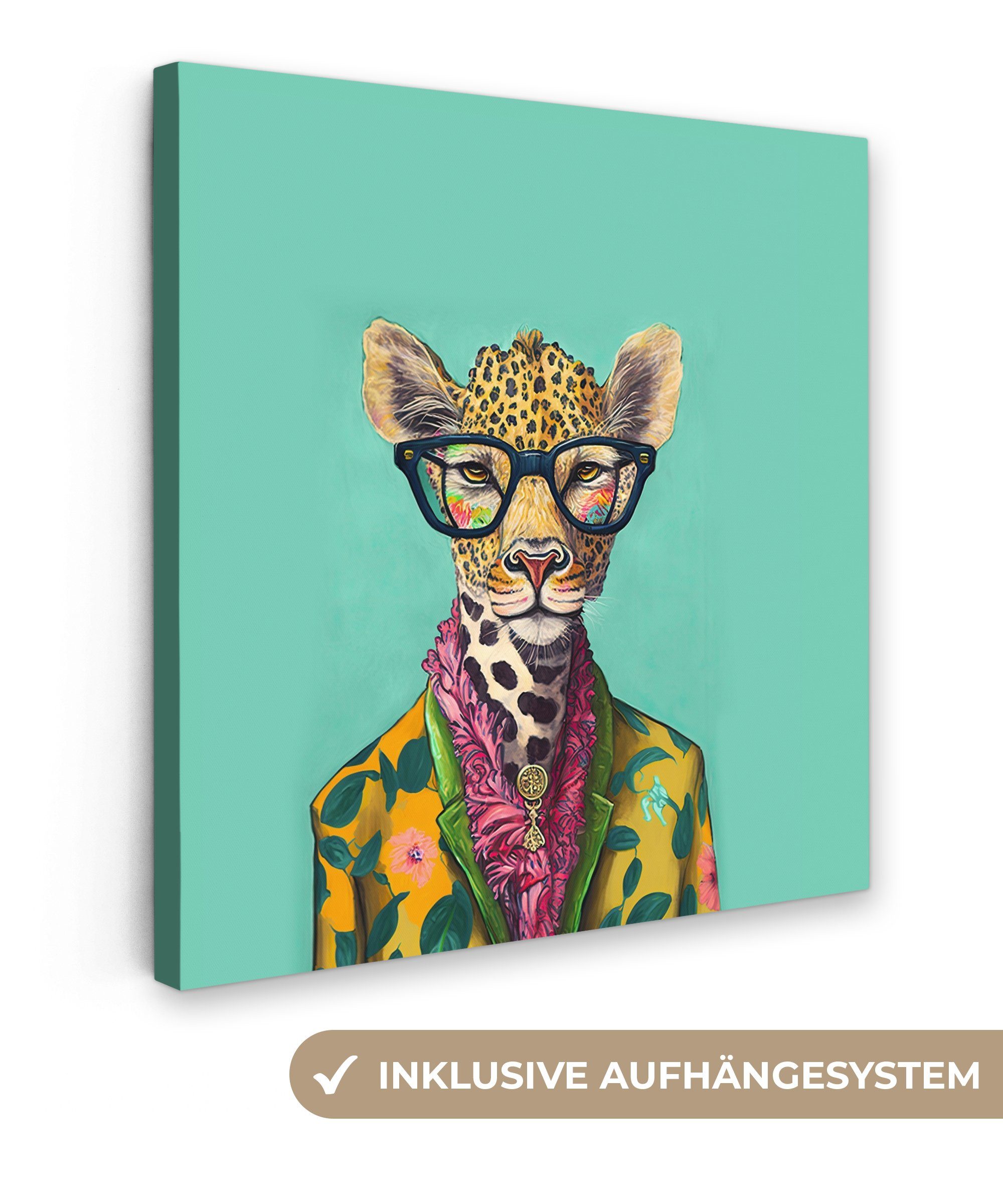 OneMillionCanvasses® Leinwandbild Blätter - Brille - Giraffe - Tiere - Design, Fotodruck (1 St), Wandbild, Deko Schlafzimmer Wohnzimmer Flur 20x20 cm