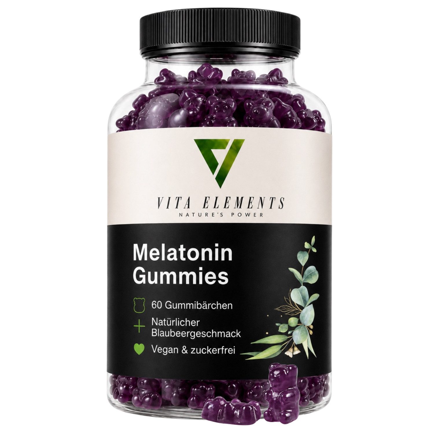 Vita Elements Melatonin Gummies - 0,5mg Melatonin mit Vitamin B6, 60 Gummibärchen, 1 er Packung à 60 St., Vegan, Zuckerfrei, Blaubeergeschmack, Laborgeprüft in Deutschland