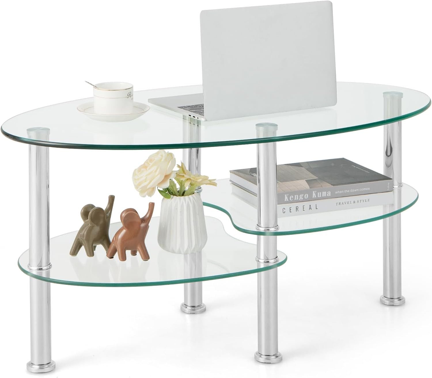 COSTWAY Glastisch, Couchtisch Glas, Oval, Metallrahmen, günstig online kaufen