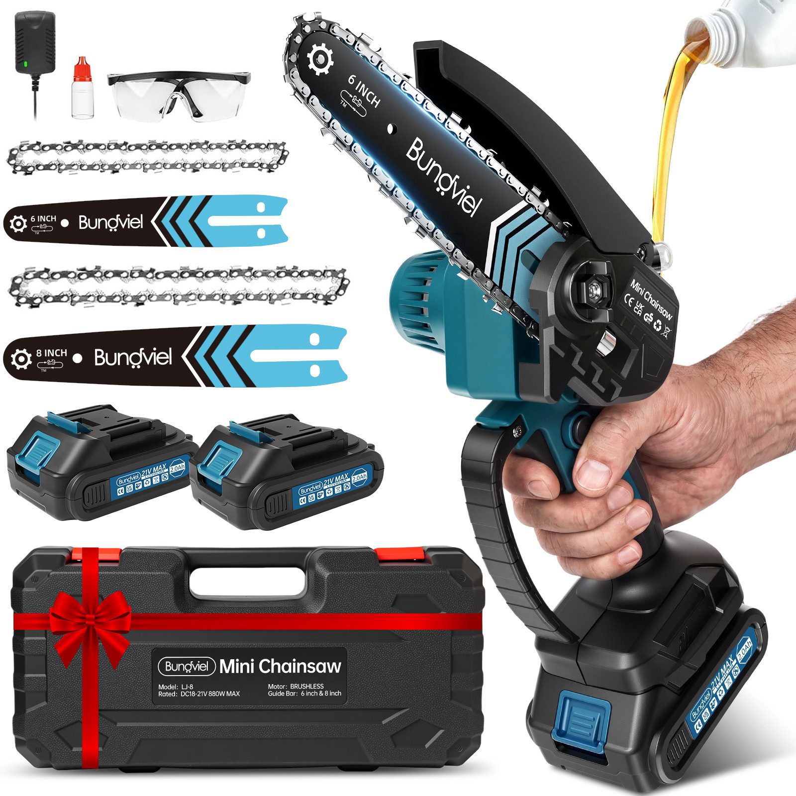 Bundviel Akku-Kettensäge 6+8'' Mini Kettensäge 880W Bürstenlose Elektro-Kettensäge 2.0AH Akkus, 2*2 AH akkus, 880W, Bürstenlosen Motor