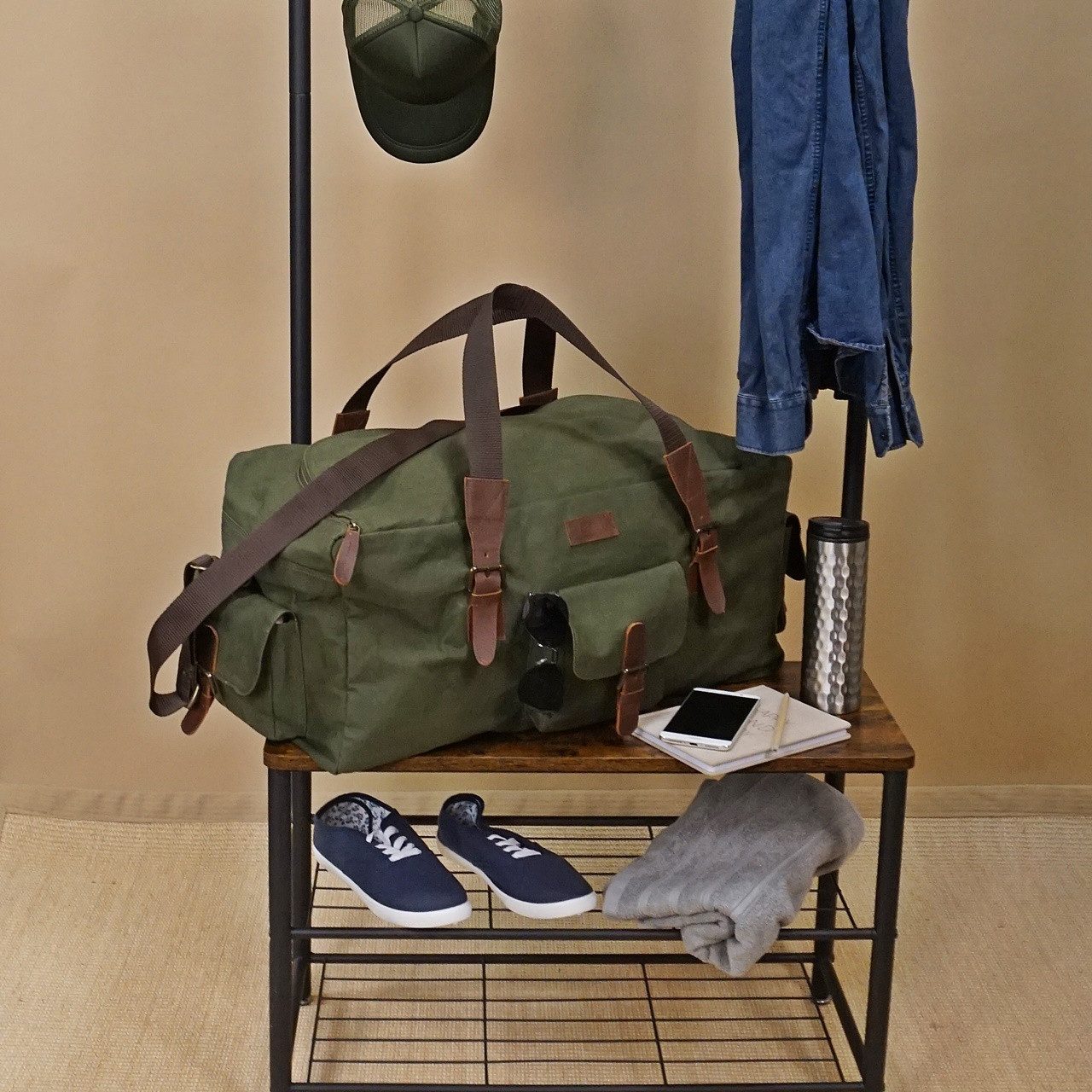 LECONI Weekender große Reisetasche Sporttasche Damen Herren Leder Canvas LE2019, Riesiges Hauptfach – viele Zusatzfächer – 60 × 30 × 30 cm