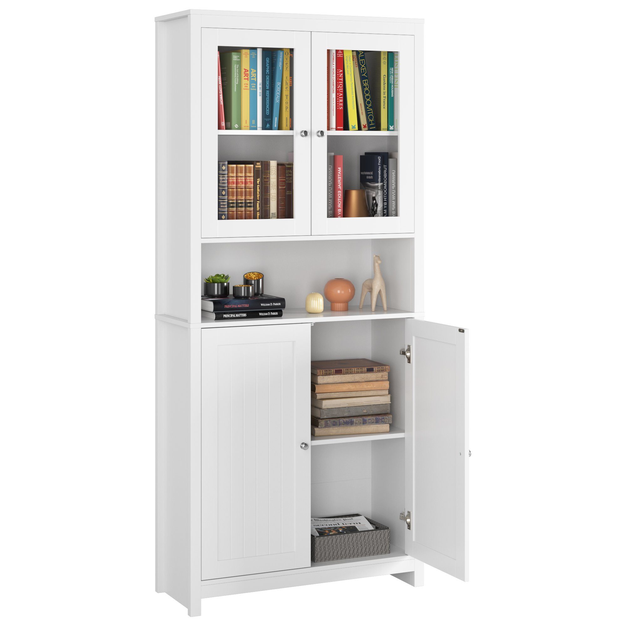 Weiß 190cm Vitrinenschrank, mit Buffet, Hochschrank Bücherschrank Türen, 4 Homfa