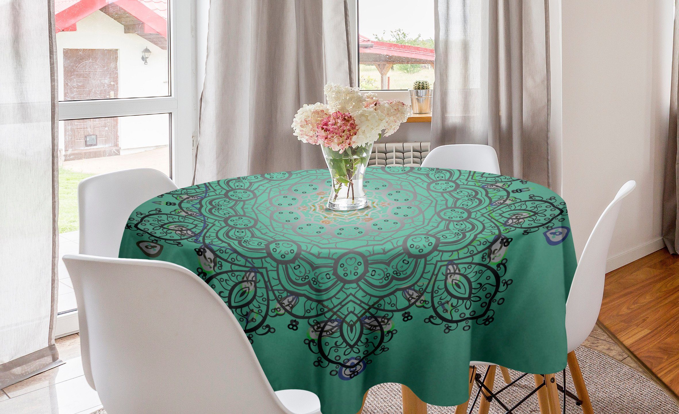 Abakuhaus Tischdecke Kreis Tischdecke Abdeckung für Esszimmer Küche Dekoration, grüne Mandala Blumen-Blüte