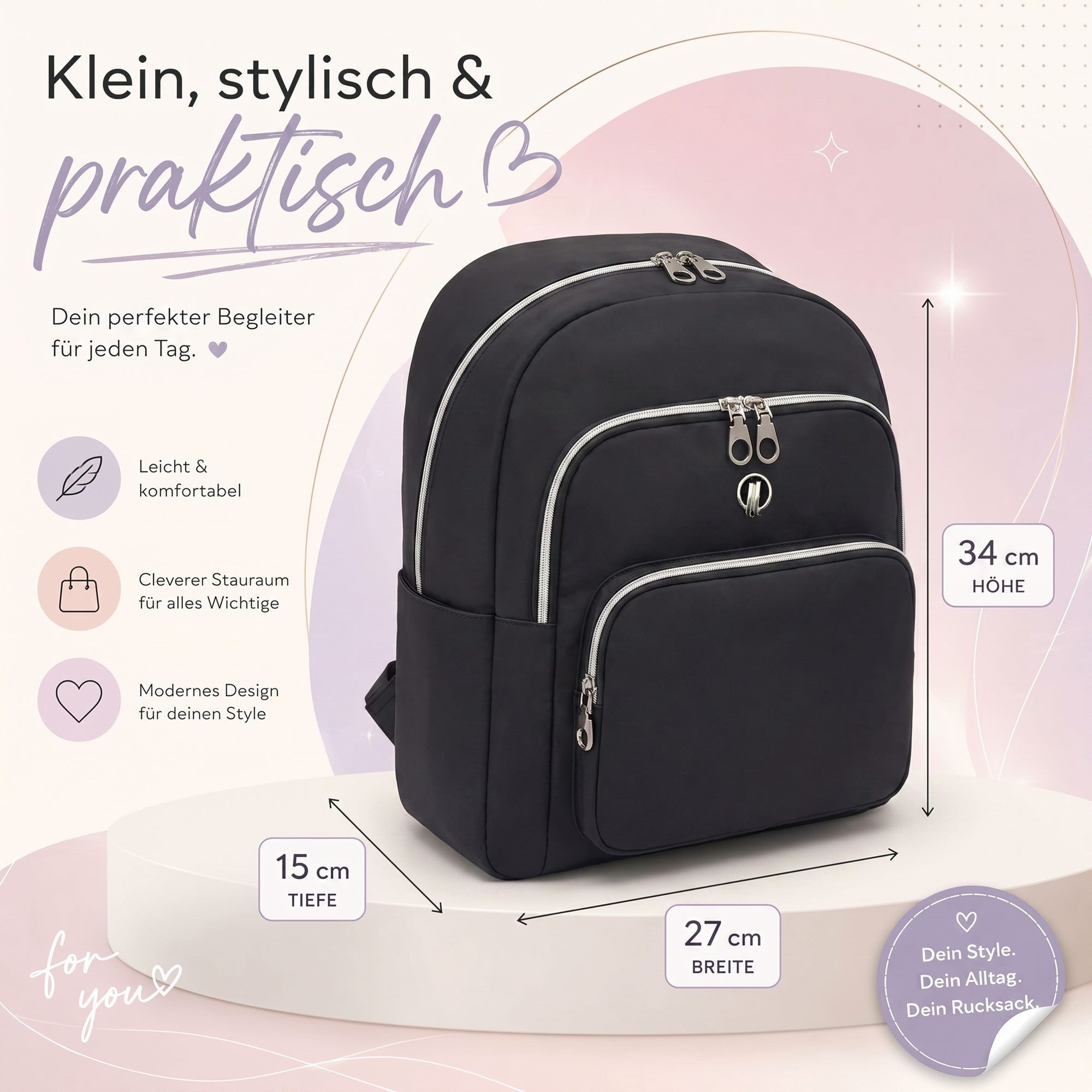 HELLSER Cityrucksack Damen klein – stylischer Damen Rucksack 34x27x15cm wasserabweisend, für Freizeit, Uni, Schule, Büro - Koffergurt & versteckte Tasche – Bild 4 von 5