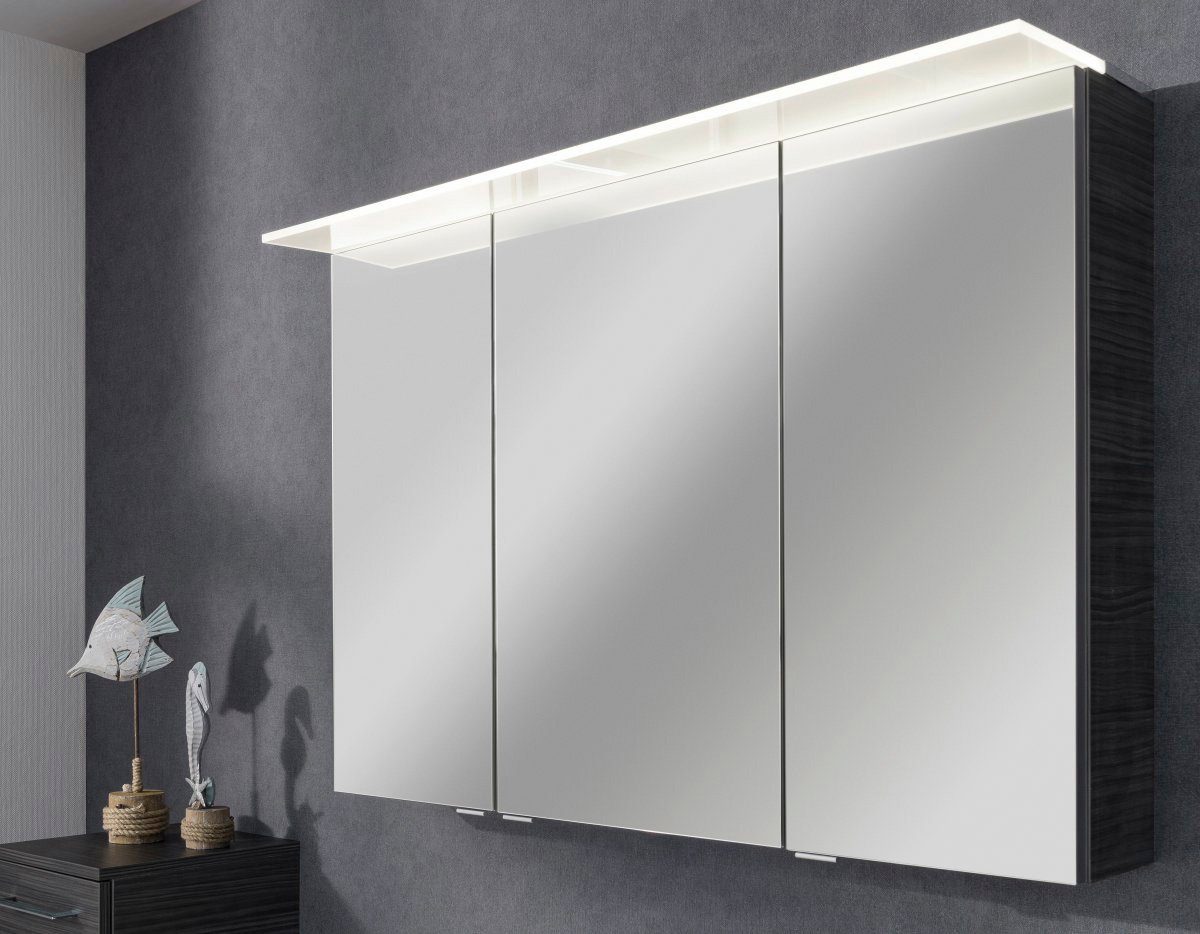 FACKELMANN Spiegelschrank PE 100 - Dark-Oak Badmöbel Breite 100 cm, 3 Türen, mit beleuchtetem Unterboden