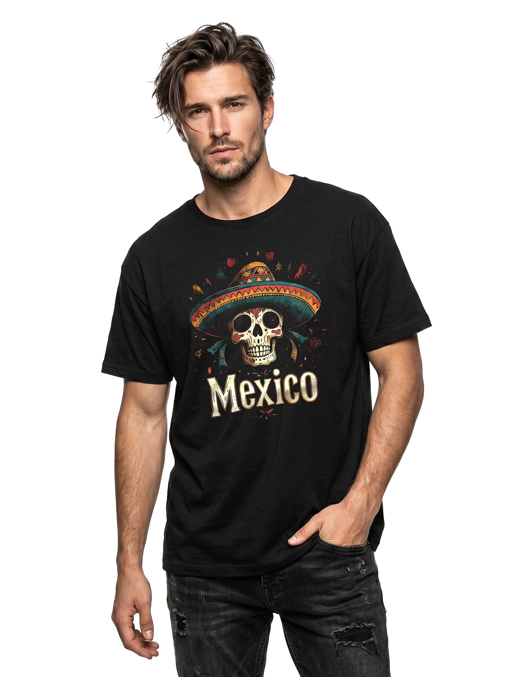 MAKAYA Print-Shirt Herren Mexiko Motiv Totenkopf Dia De Los Muertos Mexico Skull (Schwarz, S, XL, 3XL, 4XL, 5XL, L, M, XXL) Baumwolle