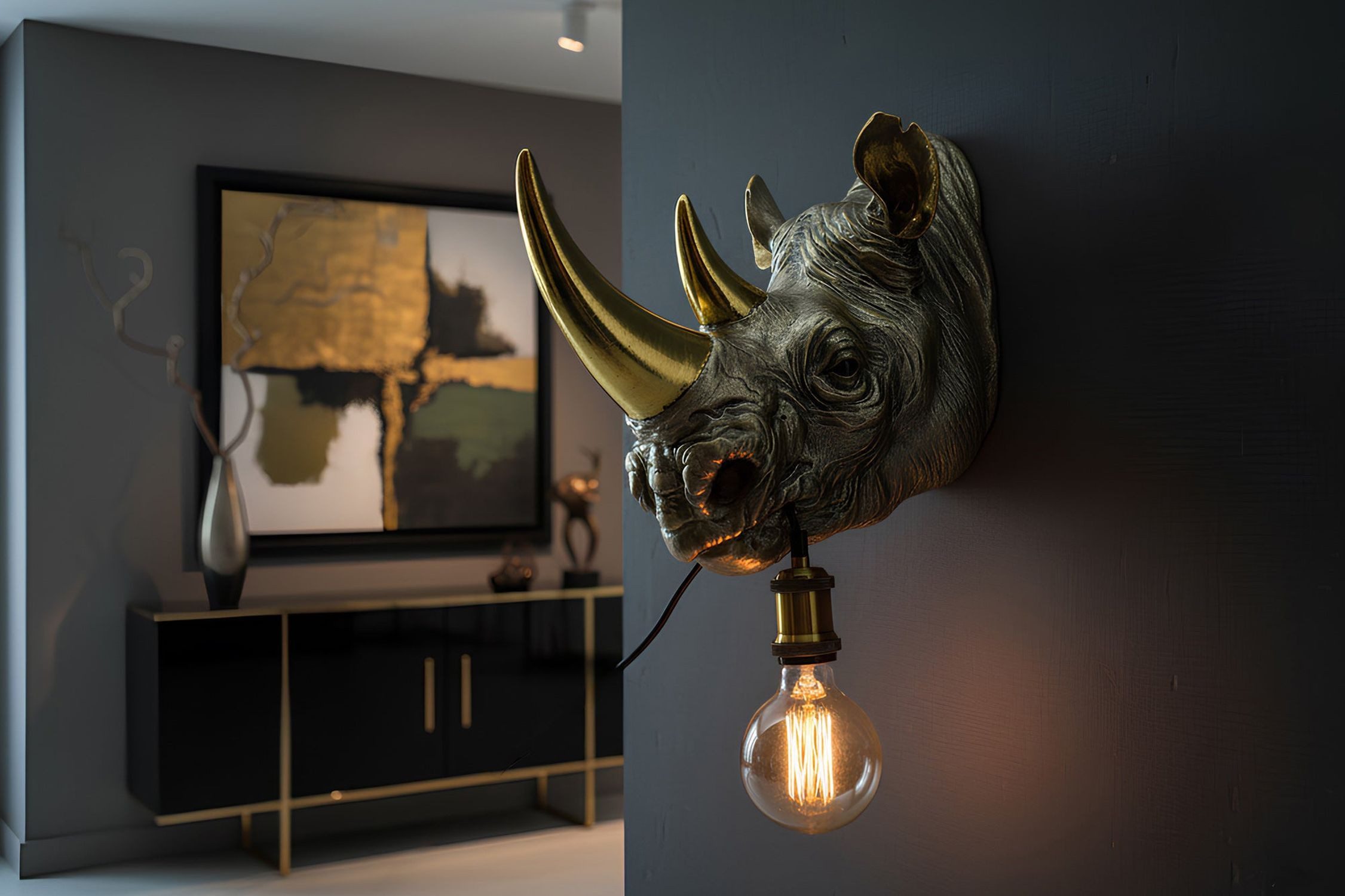 Licht-Erlebnisse Wandleuchte BJARNE, ohne Leuchtmittel, H: 39cm Polyresin künstlich Nashorn Trophäe in Gold Handarbeit für E27