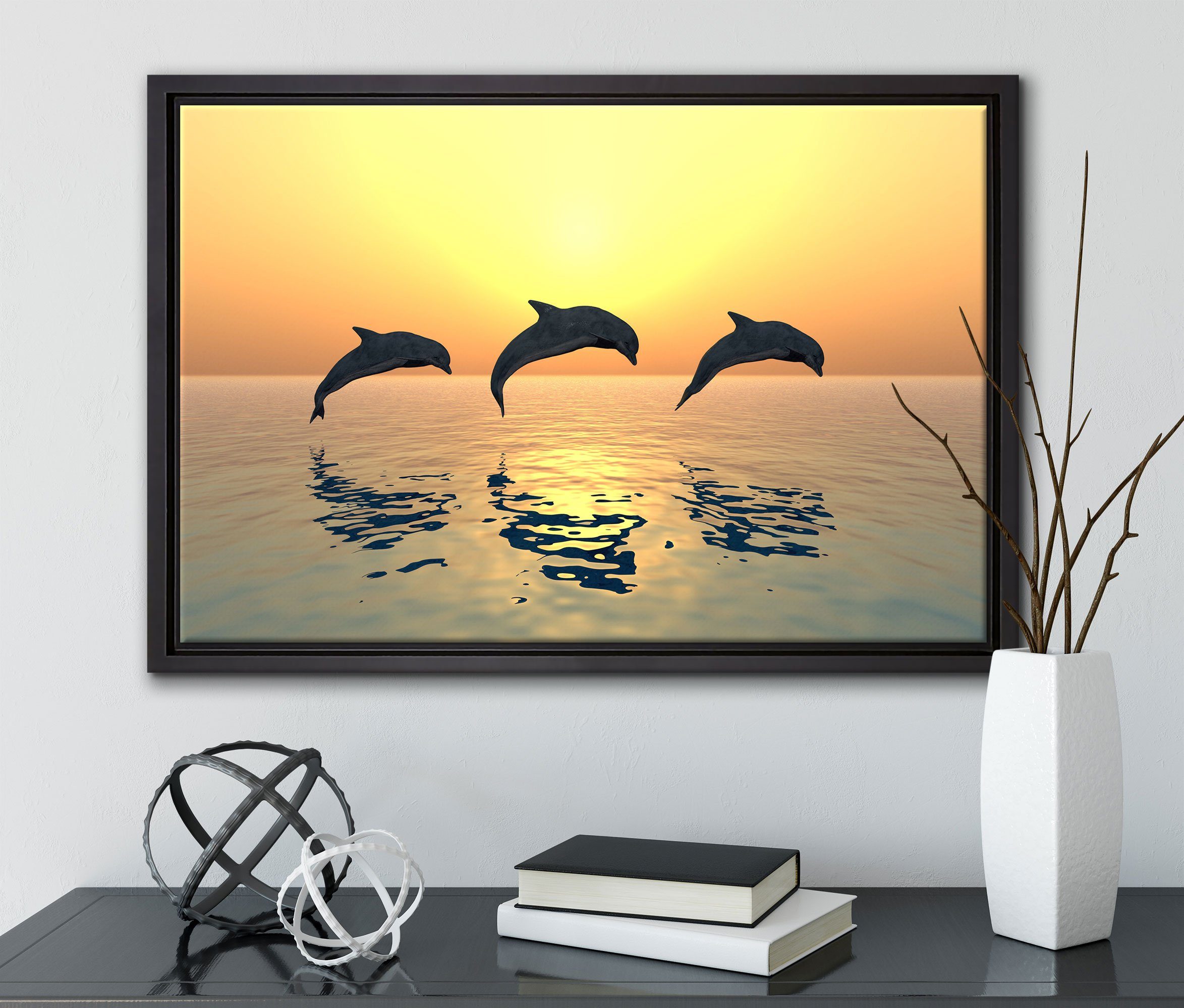 in im Leinwandbild Leinwandbild Delfine Wanddekoration Pixxprint St), inkl. (1 Schattenfugen-Bilderrahmen Zackenaufhänger fertig gefasst, bespannt, Sonnenuntergang, einem