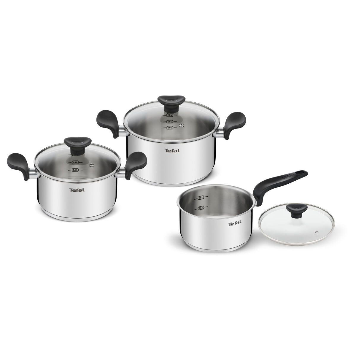 Tefal Topf-Set 20 cm 3er Topfset Tefal E308S674 Edelstahl mit 3x Glasdeckel Ø 16, 18