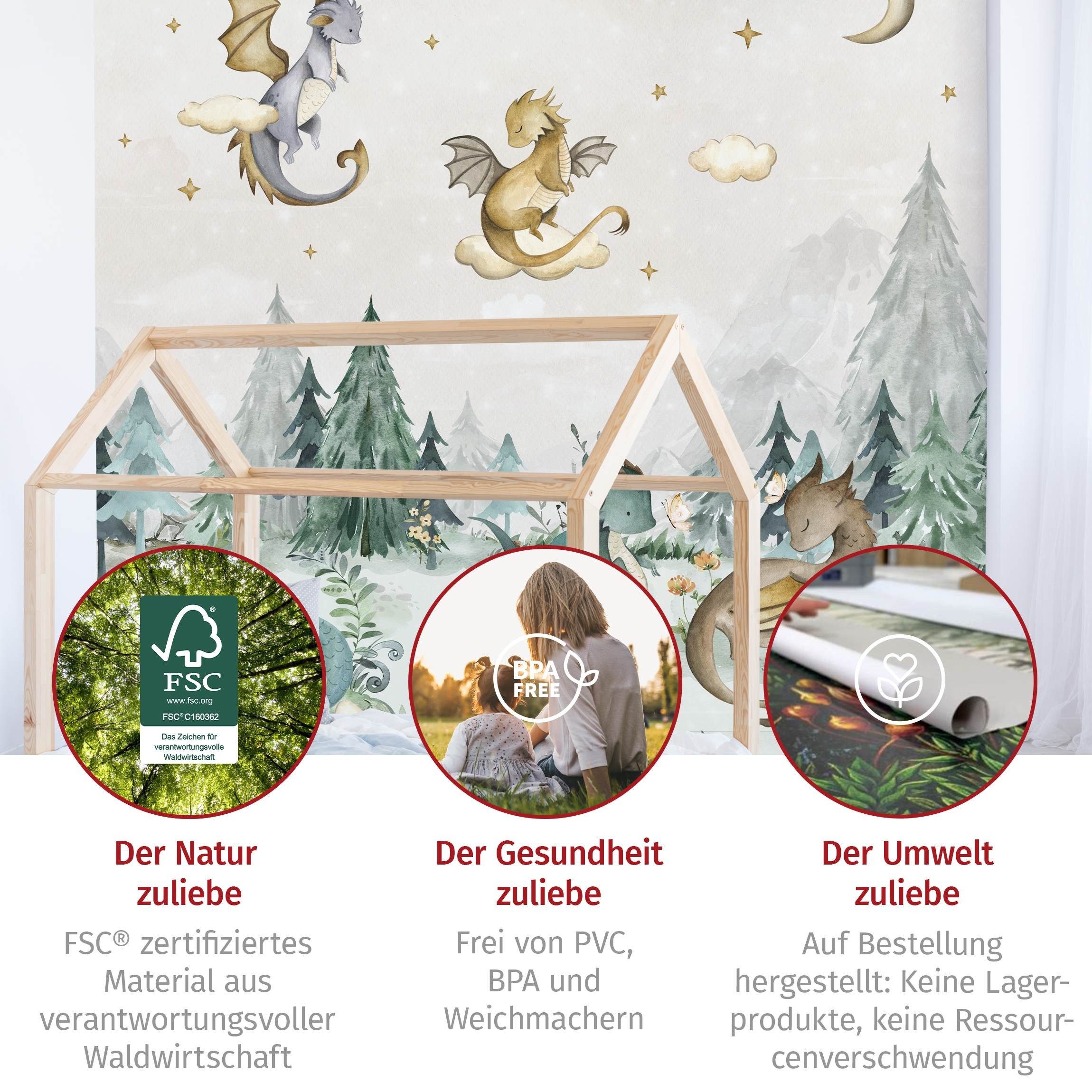 Bilderdepot24 Kindertapete Drachen Aquarell Wald Illustration Kinder Natur Landschaft grün modern, Glatt, Matt, (Vliestapete inkl. Kleister oder selbstklebend), – Bild 5 von 5