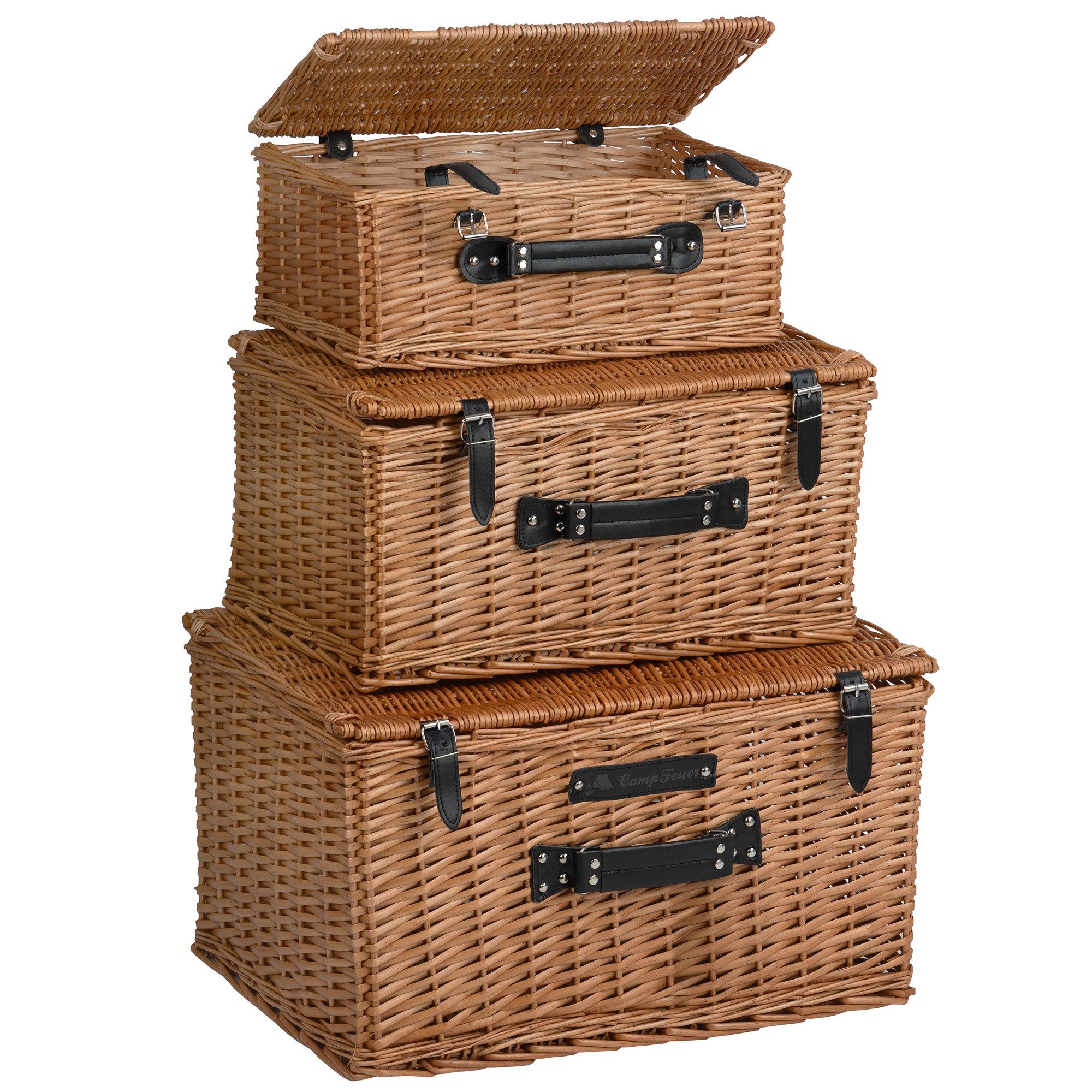 CampFeuer Picknickkorb Weidenkorb Set, 3-teilig, Weidenkorb mit Deckel, Picknickkörbe, Inkl. Tragegriff