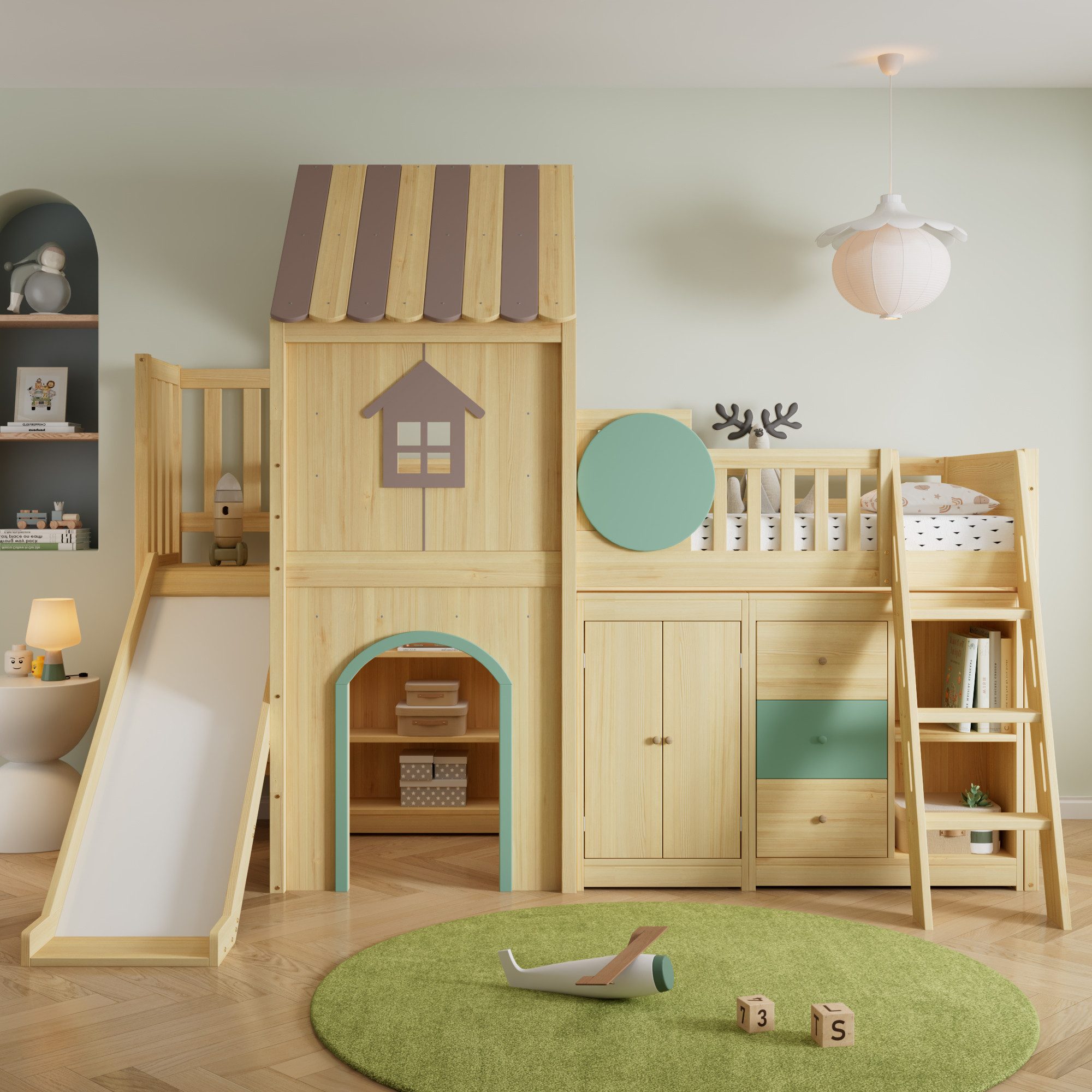 HAUSS SPOLE Hochbett 90×200 mit Rutsche,Kinderbett mit Ablagefächern & Kleiderschrank,Natur (Holzbett Einzelbett aus Grün und Naturholz mit Schubladenschrank, ohne Matratze) Hausbett Spielbett mit Rutsche und dreistufiger Treppe