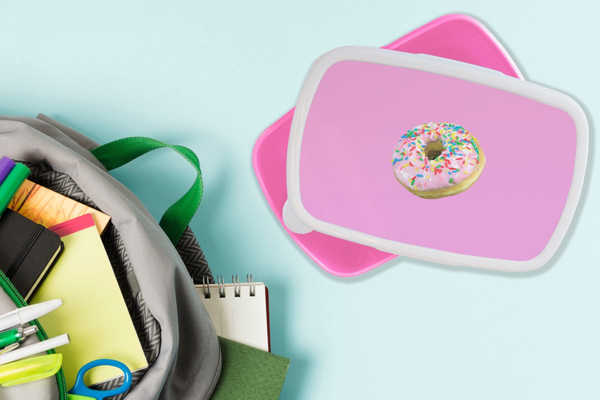 MuchoWow Donut Mädchen, (2-tlg), Topping, Lunchbox Kunststoff, Kinder, Brotdose Rosa für Kunststoff Erwachsene, Snackbox, mit Brotbox
