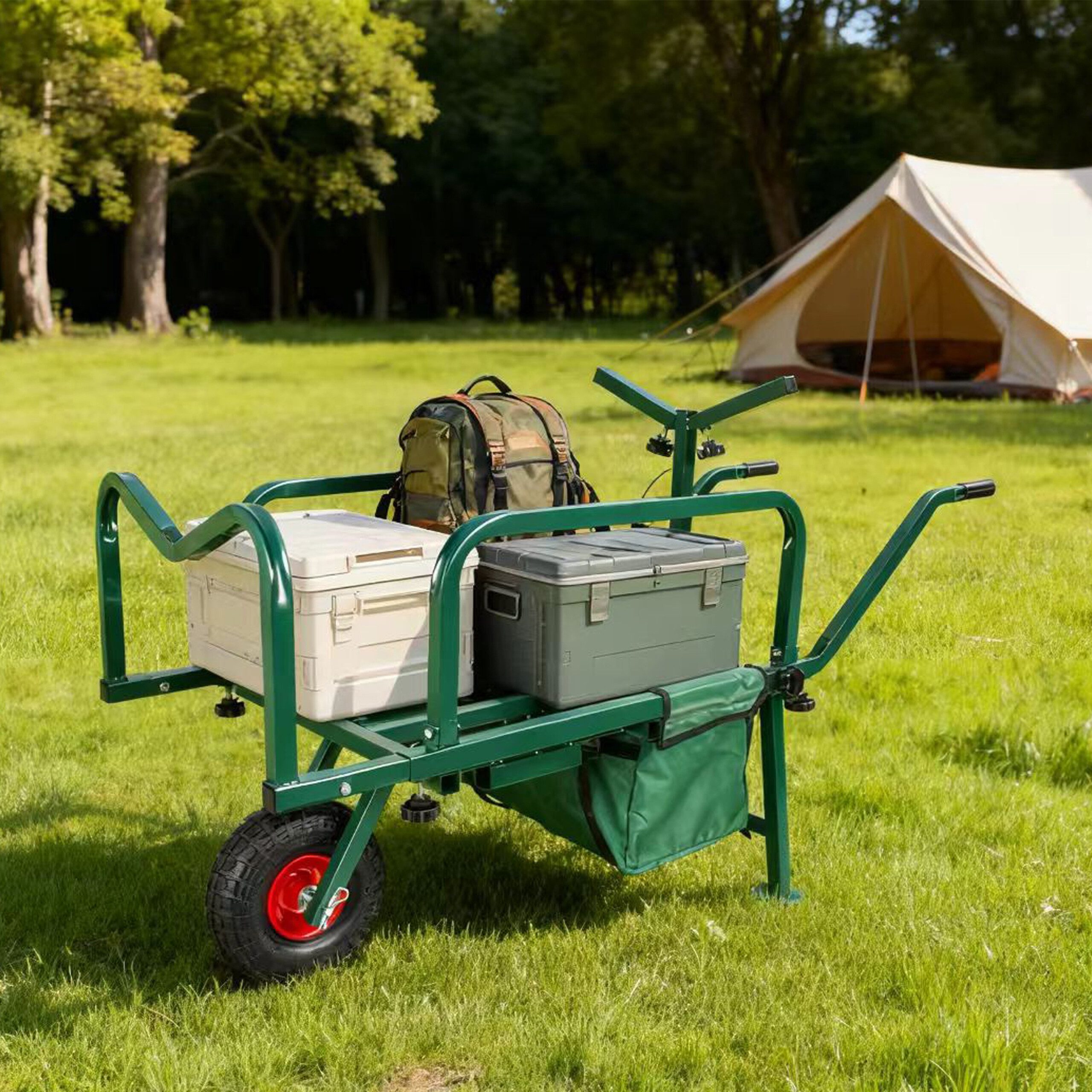 relaxdays Schubkarre Angelwagen Transportwagen mit Tasche, grün