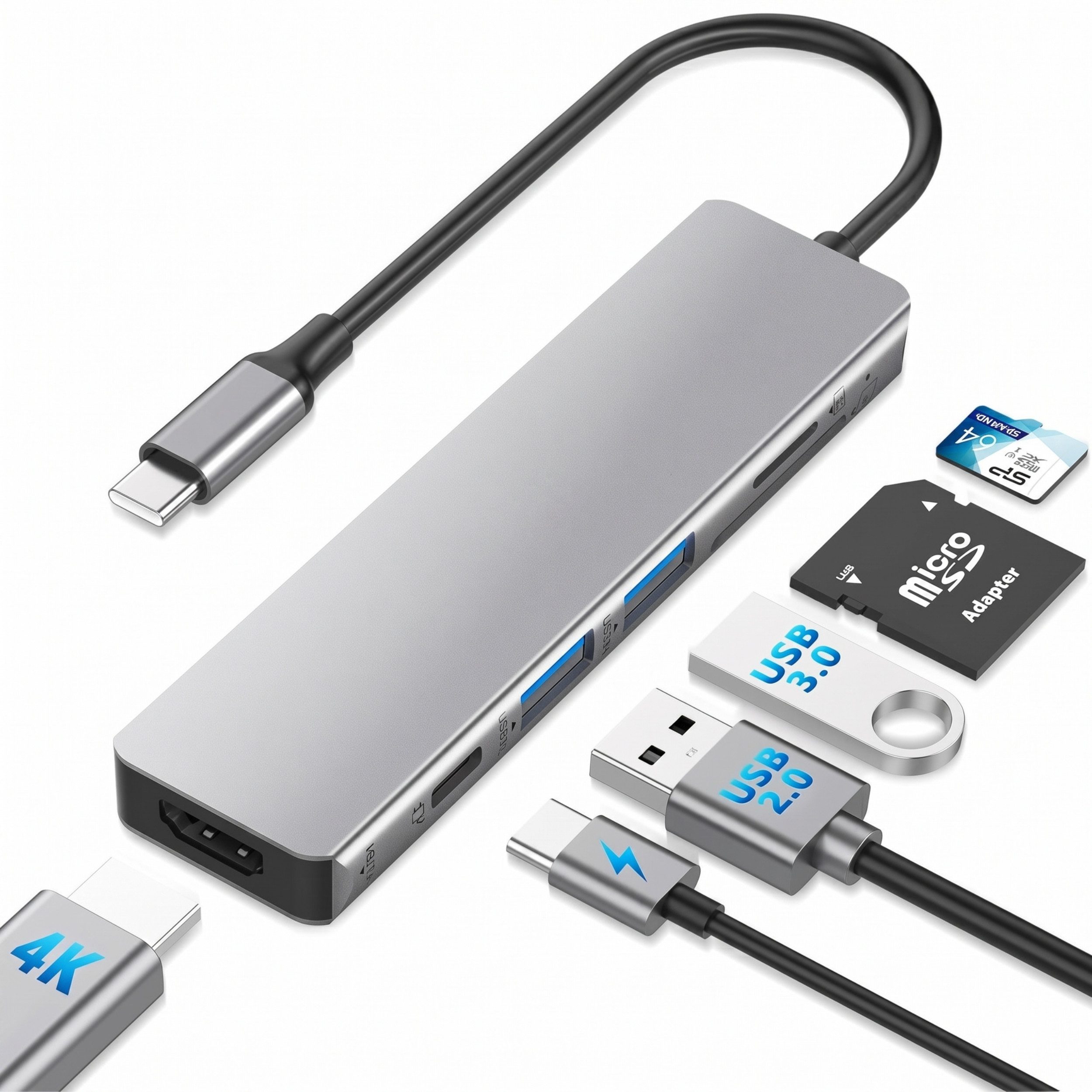 PlugUp Laptop-Dockingstation USB-C Multiport 6 in 1 Adapter 4K HDMI USB 3.1 USB-C microSD & SD-Slot, Universell kompatibel mit macOS, Windows und Linux