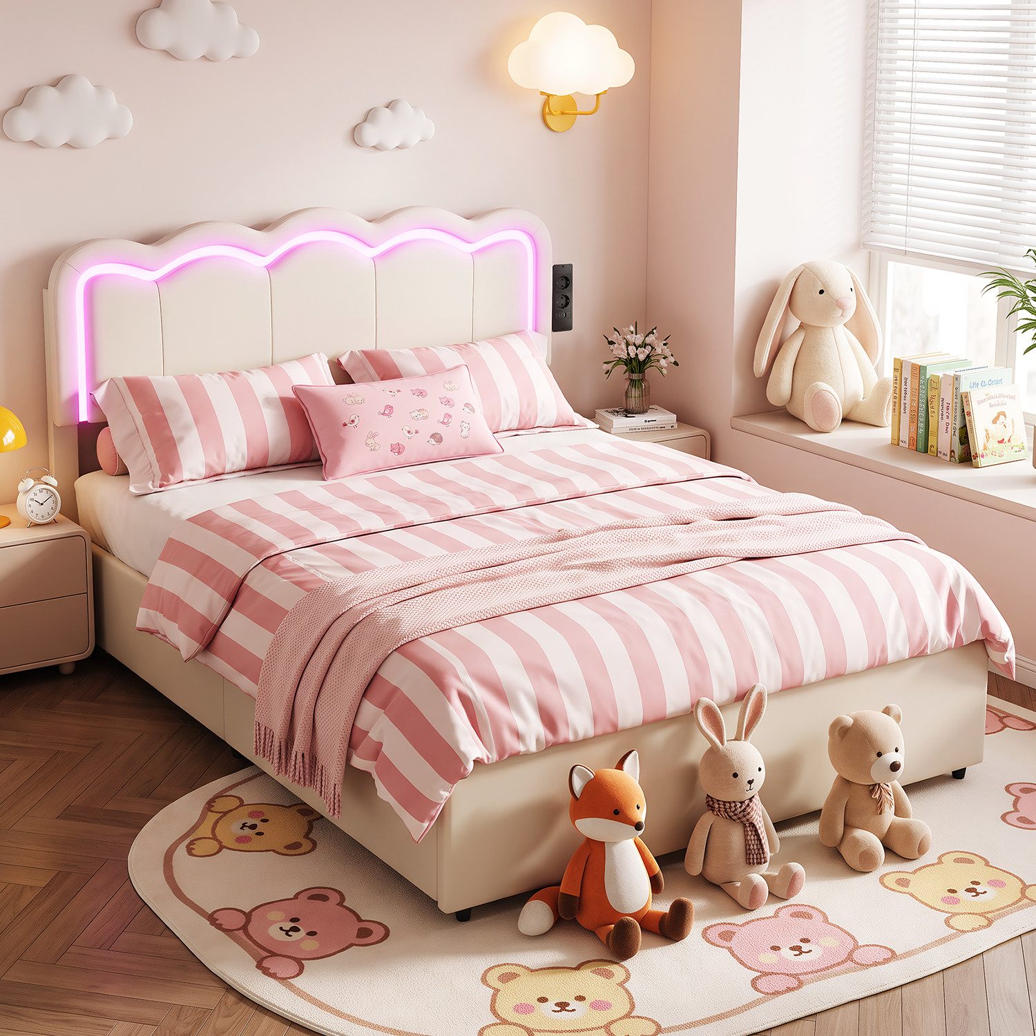 oyajia Polsterbett Kinderbett Stauraumbett, Ladestation & LED-Beleuchtung,PU-Kunstleder (Kopfteil hochstellbar, 4 Schubladen), Modernes Jugendbett, Leises Design Bett, Max. Belastbarkeit 350 kg