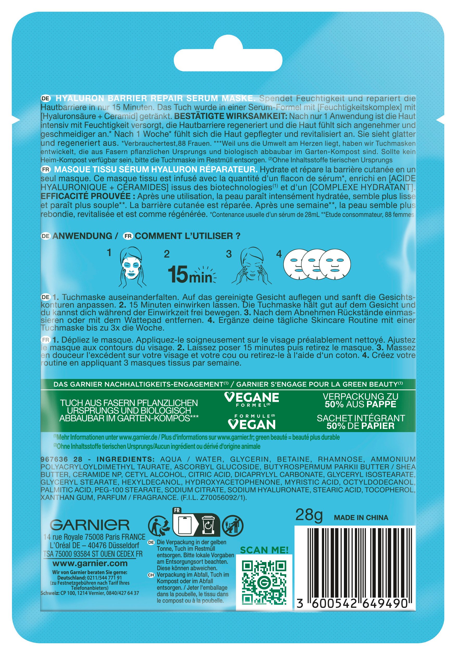 GARNIER Tuchmaske HYALURON BARRIER REPAIR SERUM MASKE