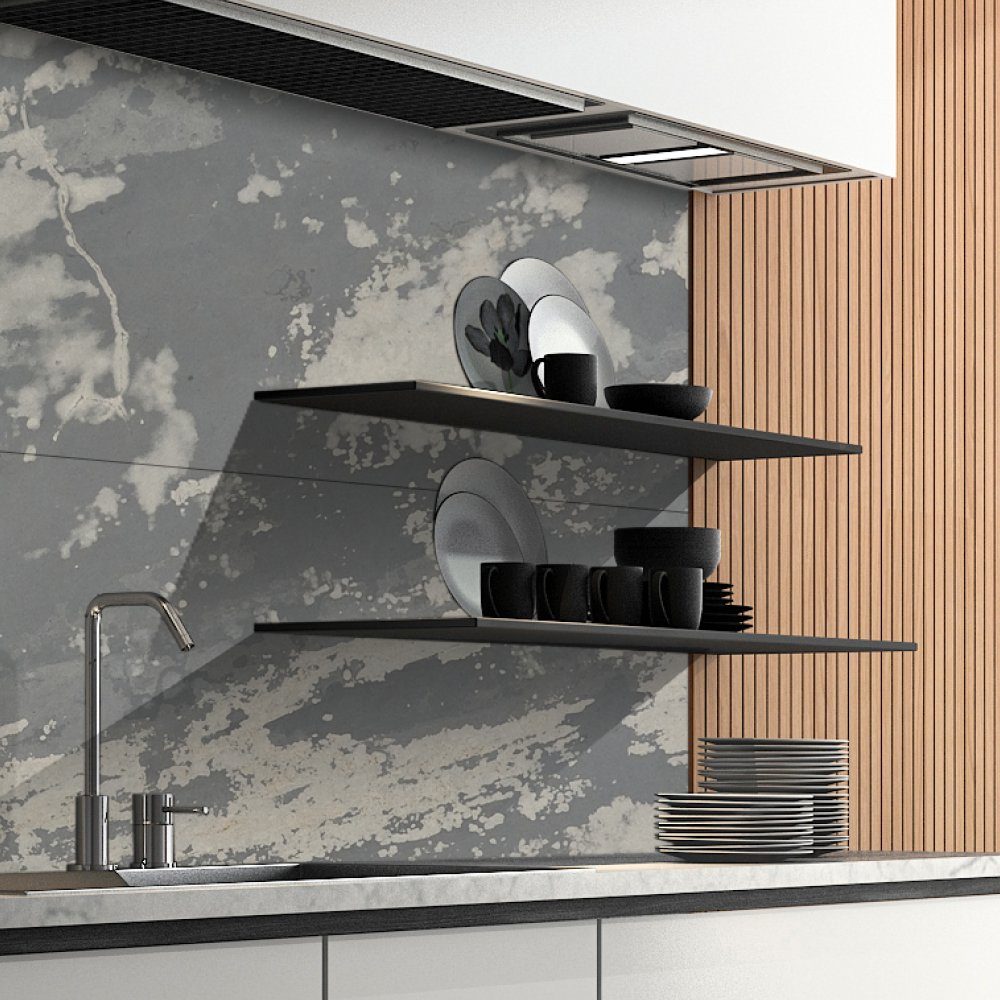 DRUCK-EXPERT Küchenrückwand Naturstein aus 100 % Echtstein - jede Platte ein Unikat Buntschiefer Strukturgrau