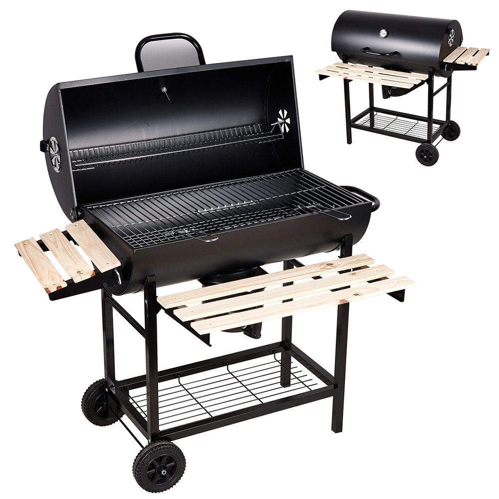 Holzkohlegrill CA-30, Komplett-Set, Grillstation auf Rollen mit 2 Kammern, Grillwagen Holzkohlegrill mit Deckel, mit Temperaturanzeige,Holz-Ablagen Gartengrill, Seitenablage Aschetopf