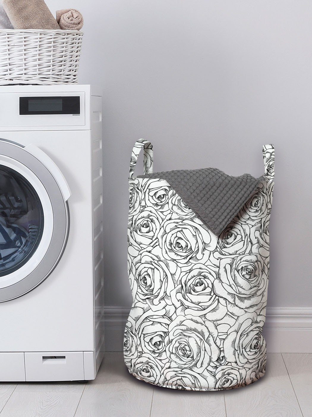 Waschsalons, Kordelzugverschluss Schwarz Wäschesäckchen Abakuhaus mit Wäschekorb Griffen weiß und für Skizze-Kunst