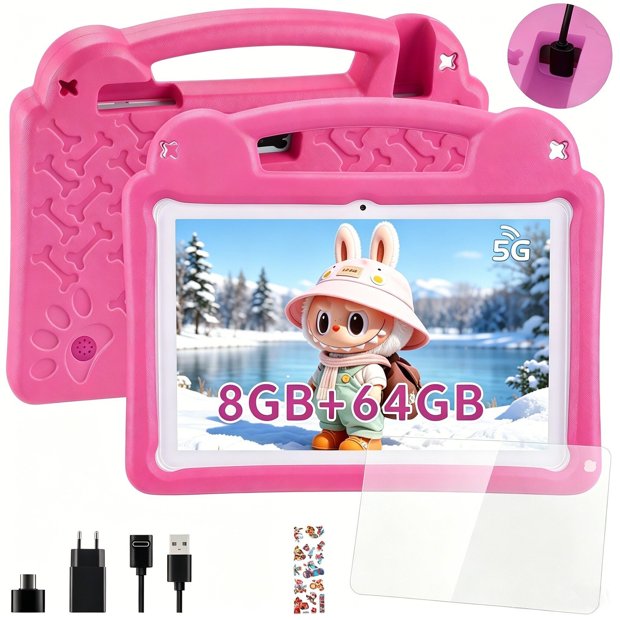 LETGOSPT Kinder Tablet mit Hülle, Android 15 Octa Core 64GB Expand 1TB HD IPS Tablet (10.1", 64 GB, Quad Core, 2.4G+5G, WiFi, WiFi 6 BT 5.0, Google Kids Space, Gemini AI, mit Stylus Tasche Sticker)