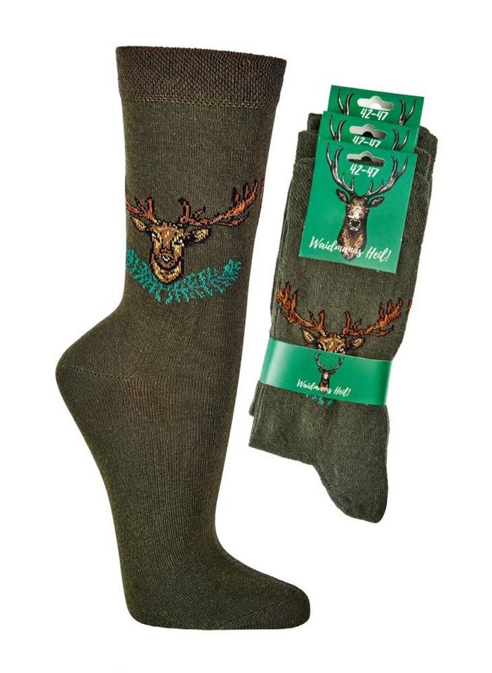 FussFreunde Freizeitsocken 3 Paar Jagd Socken Jägersocken mit Hirschmotiv  und Anti-Loch-Garantie