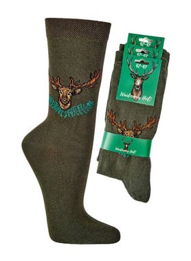 FussFreunde Freizeitsocken 3 Paar Jagd Socken Jägersocken mit Hirschmotiv und Anti-Loch-Garantie