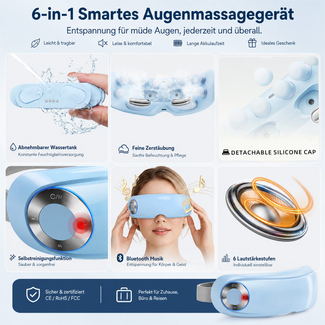 ibettertec Massagegerät Elektrisches Augenmassagegerät mit Vibration Wärme & Wassernebel, Ergonomisches Design für Home & Büro, Elektrische Augenmaske, Augenermüdung Linderung, 4 modi,1200mAh,Bluetooth-Musik, wiederaufladbar,Wärme-Augenmaske