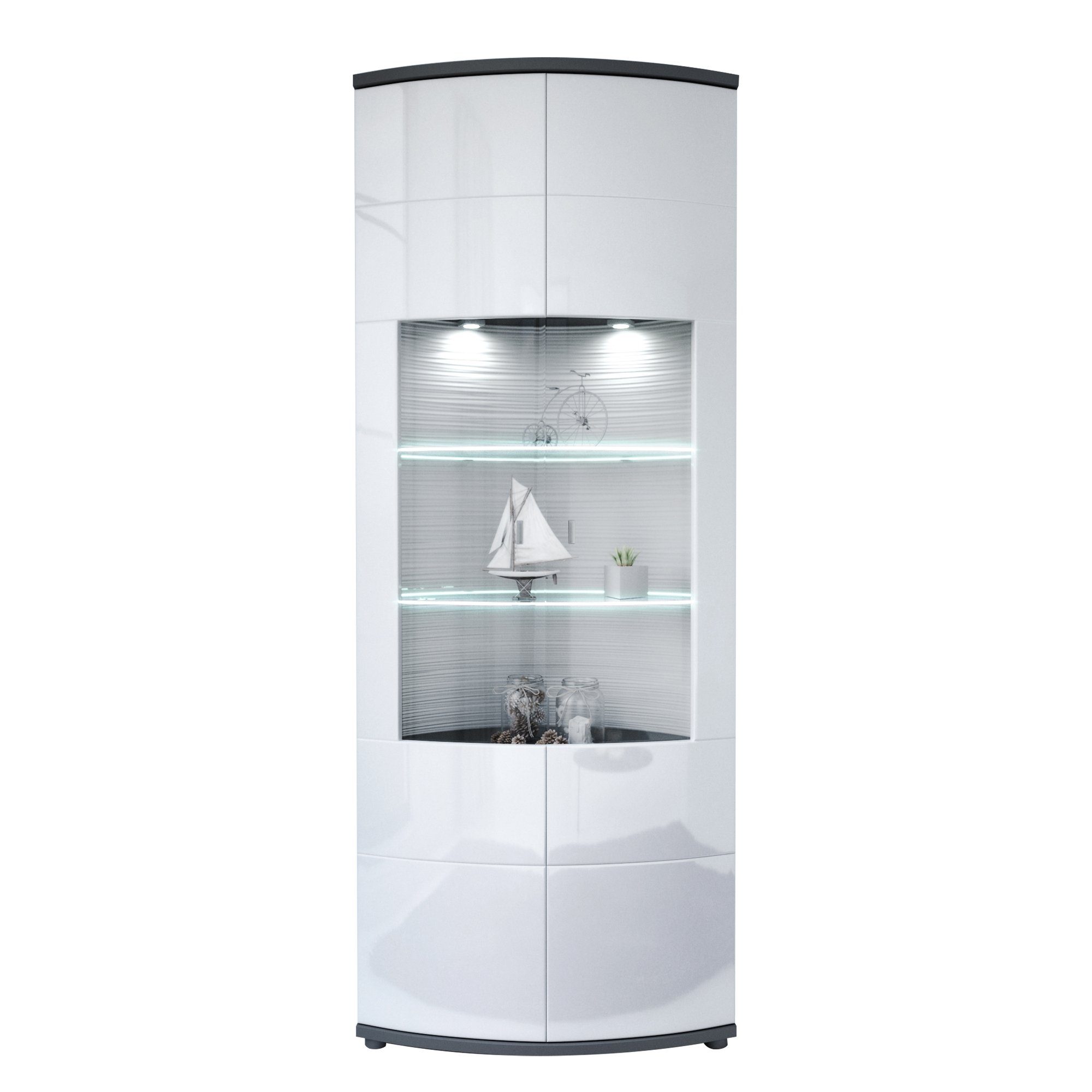 10086 aufm Vitrine 58 (1-St) Anthrazit/Hochglanz Weiß Jade Vitrinenschrank Kessel 80x203x43 Vitrine