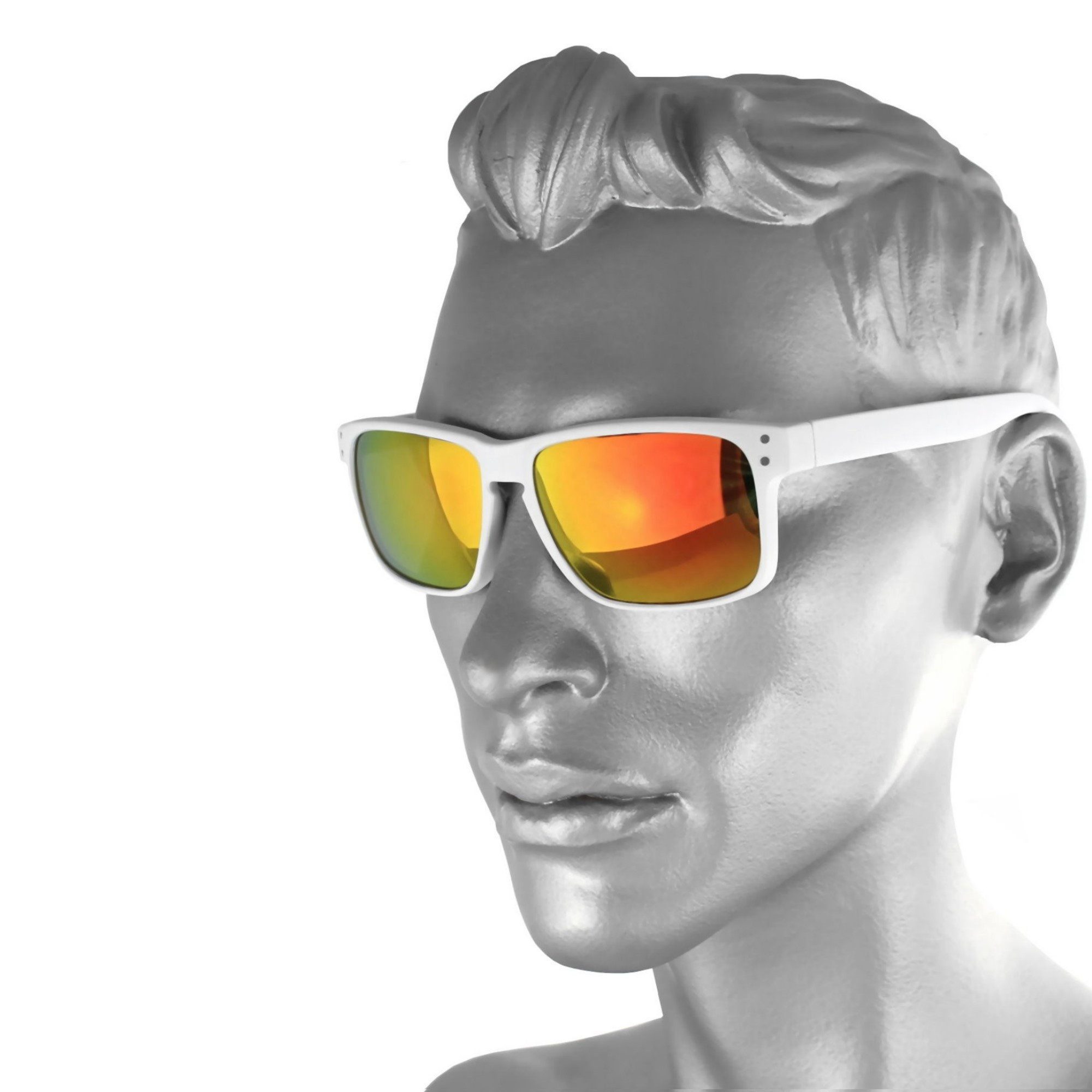 Rennec Sonnenbrille Herren Weiß Matt Rechteckig Gläser Orange Verspiegelt Rubber Haptik, stabile 3in2 Bügelgelenke, inkl. Hardcase