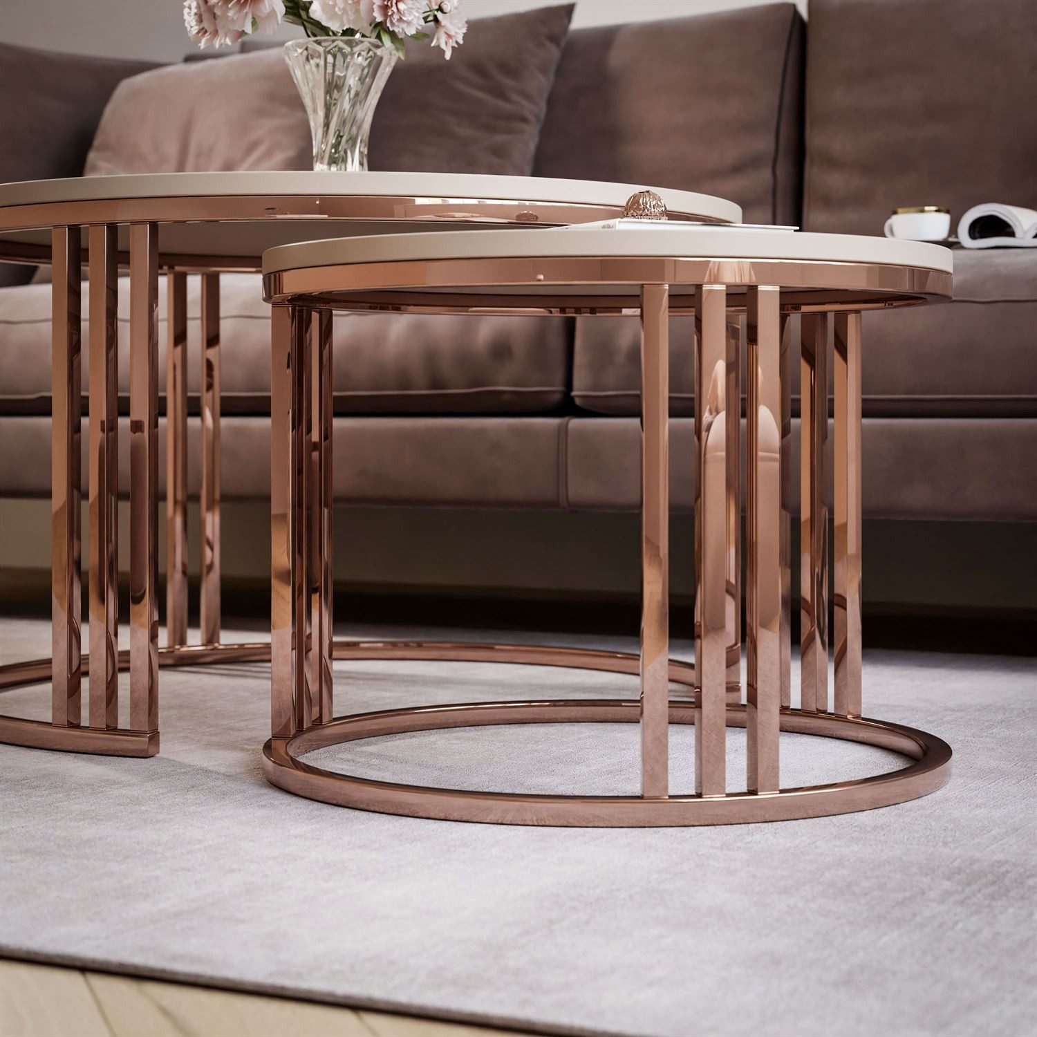 Lookway Couchtisch LORI 2in1 Couchtisch-Set in dem mattes Design mit Kupfergestell (2er Set), Durchmesser: ⌀70 cm und ⌀50 cm, Höhe: 49 cm und 44 cm – Bild 5 von 5