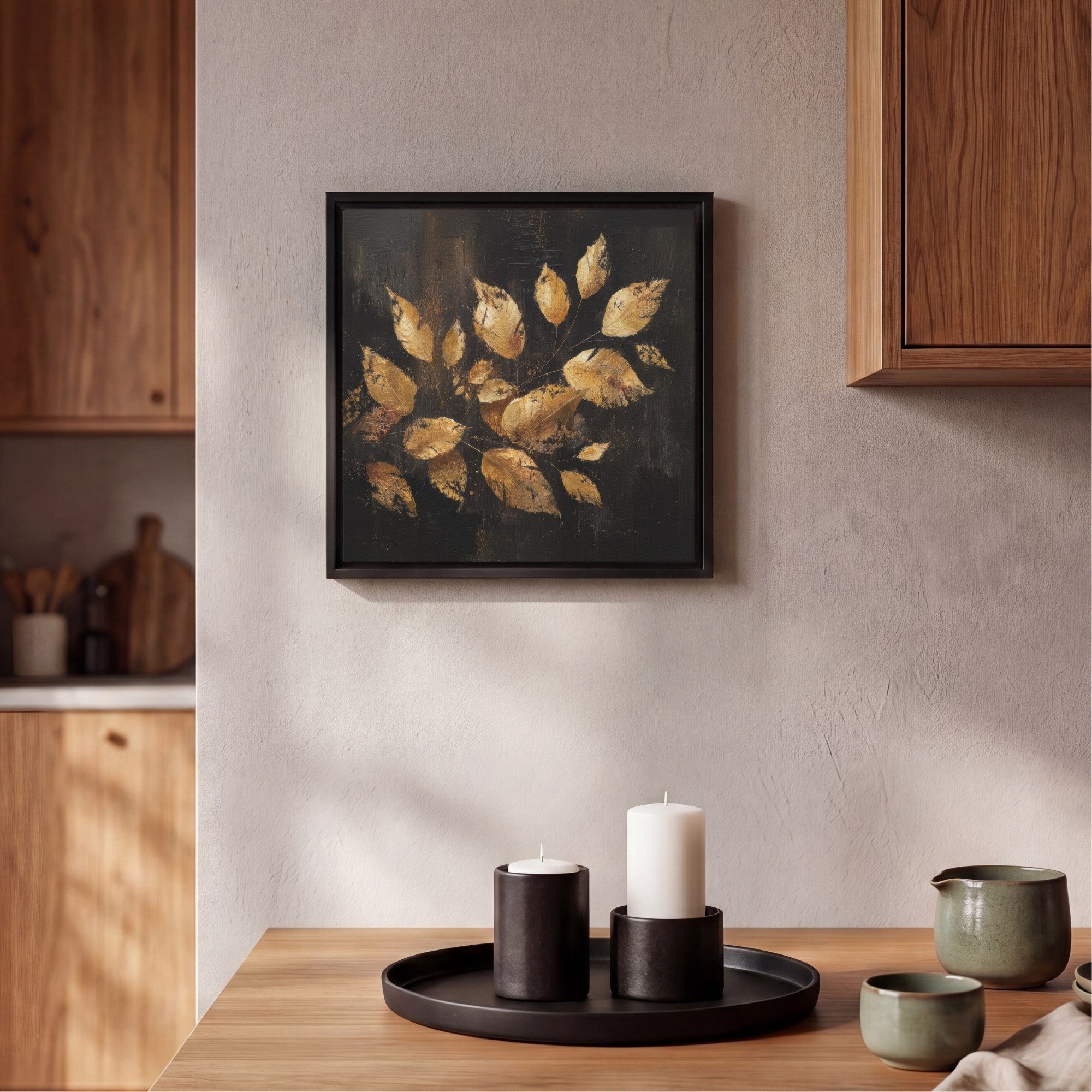 OneMillionCanvasses® Leinwandbild mit Rahmen - Goldene Blätter auf dunklem Hintergrund, Fotodruck (1 St), Leinwand Bilder Klein, Wand Dekoration Aesthetic 20x20 – Bild 2 von 5