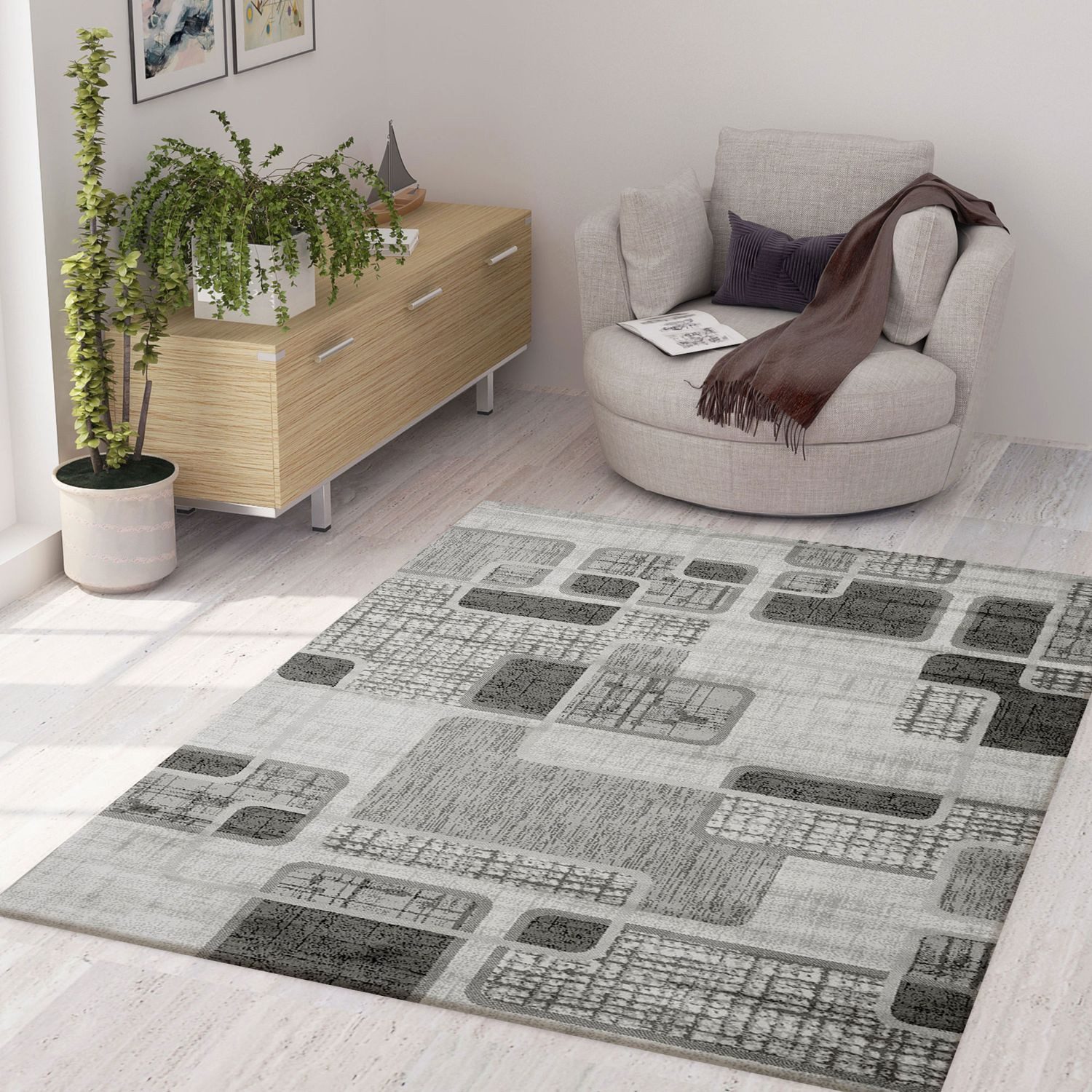Vimoda Designteppich kachel Optik kurzflor Weich & Modern, Rechteckig, Höhe: 8 mm, Läufer teppich Kariert Retro Muster Meliert in Grau