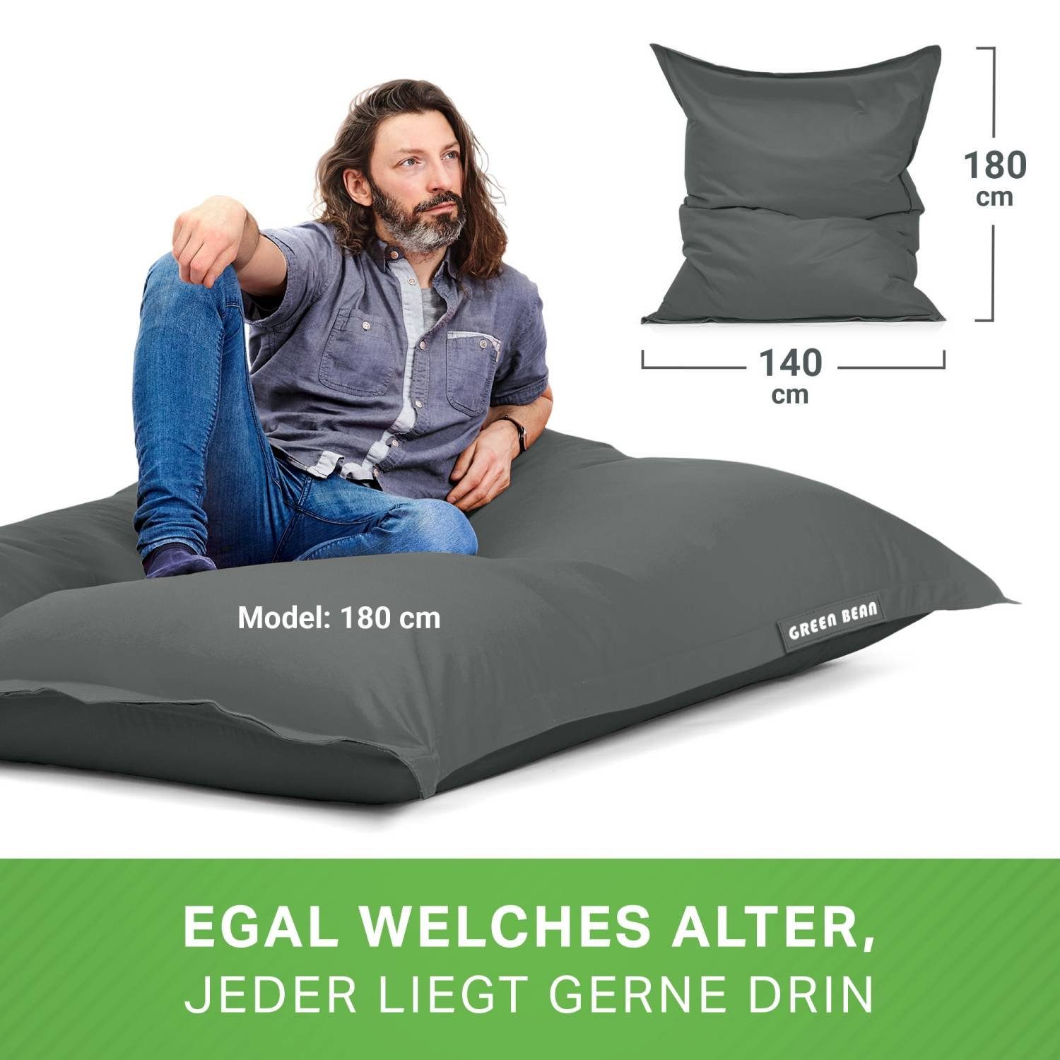 Waschbar Kinder Riesensitzsack Bag Bean Füllung, Groß Grau Perlen Liegekissen), Lounge Draußen Outdoor EPS Liter Erwachsene Square (XXL Wetterfest Green Bodenkissen Sitzsack Bean & 140x180cm 380 Sitzkissen