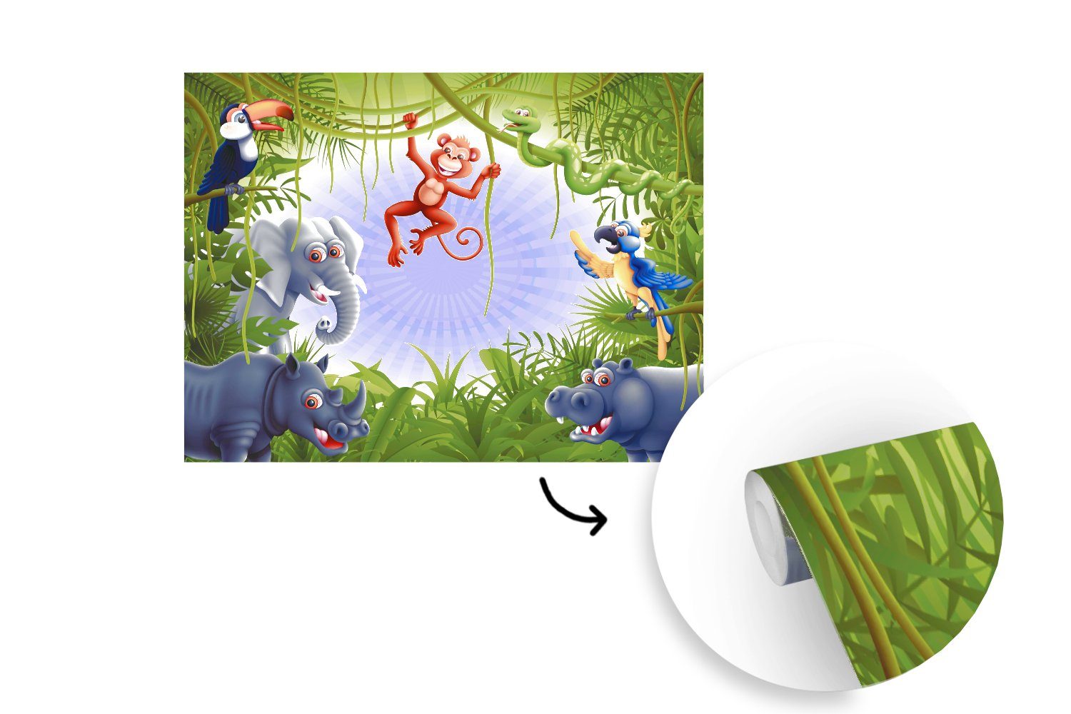 - Dschungel - - Montagefertig Tapete Baby Wildlife - Wandtapete Vinyl für (5 Illustration Jungen St), MuchoWow Wohnzimmer, Fototapete Mädchen, - Matt, bedruckt,