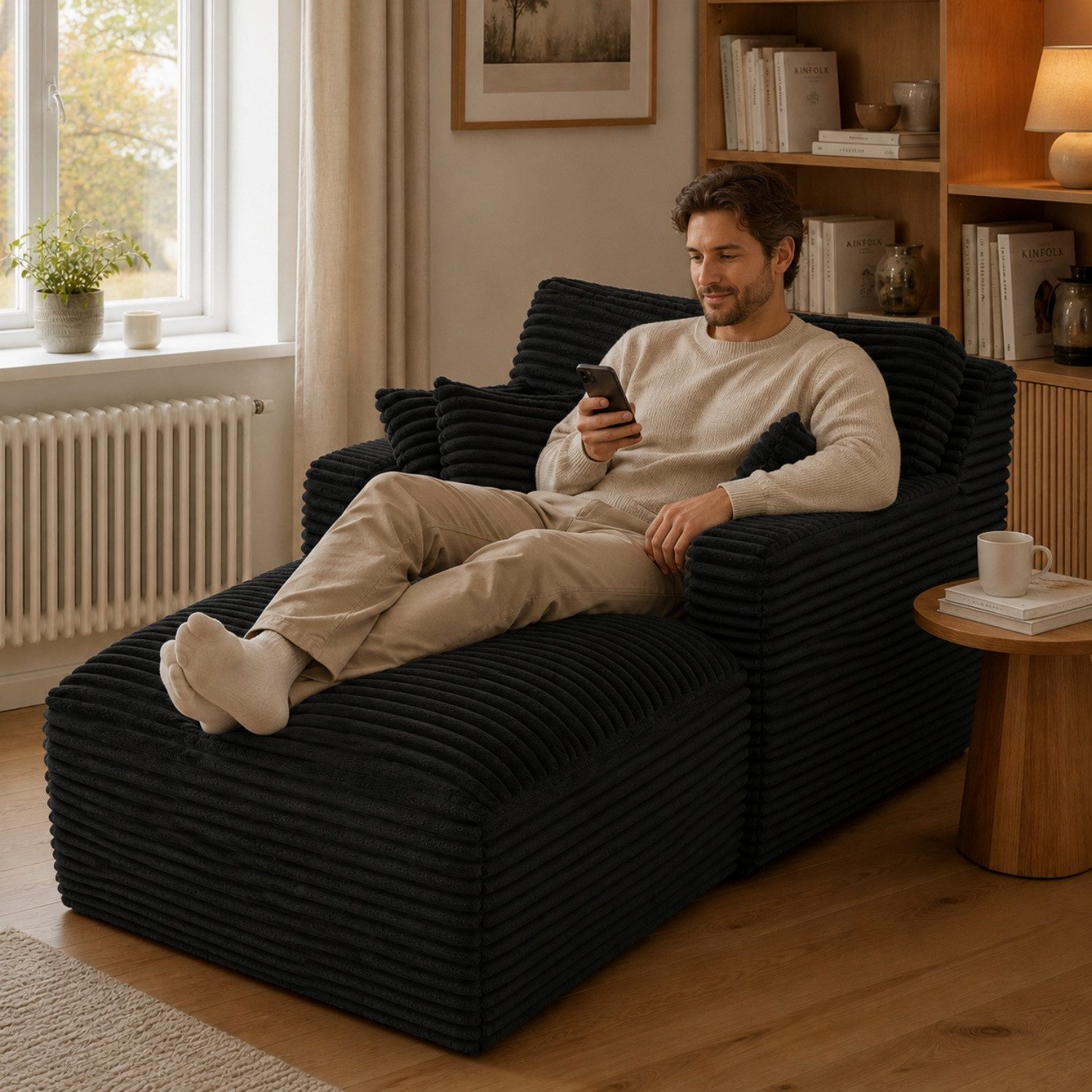 ANYSUN Loungesofa Modernes Chaiselongue-Sofa,Cord-Schlafsofa, 2 Kissen,Relaxsessel Cord, ohne Montage mit Taschenfederkern & Schaumstoffpolsterung,Loungesofa, Lesesessel bequem, fur Wohnzimmer, Büro & Wohnung,Apartment