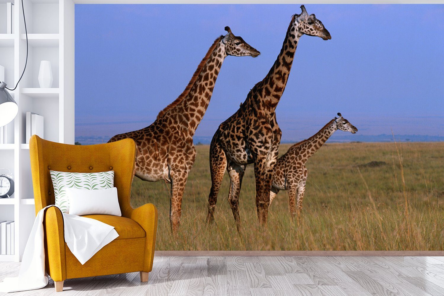 (6 Tapete Wallpaper in Schlafzimmer, MuchoWow Giraffen Vinyl Drei Matt, Kenia, Kinderzimmer, für St), Fototapete bedruckt, Wohnzimmer,