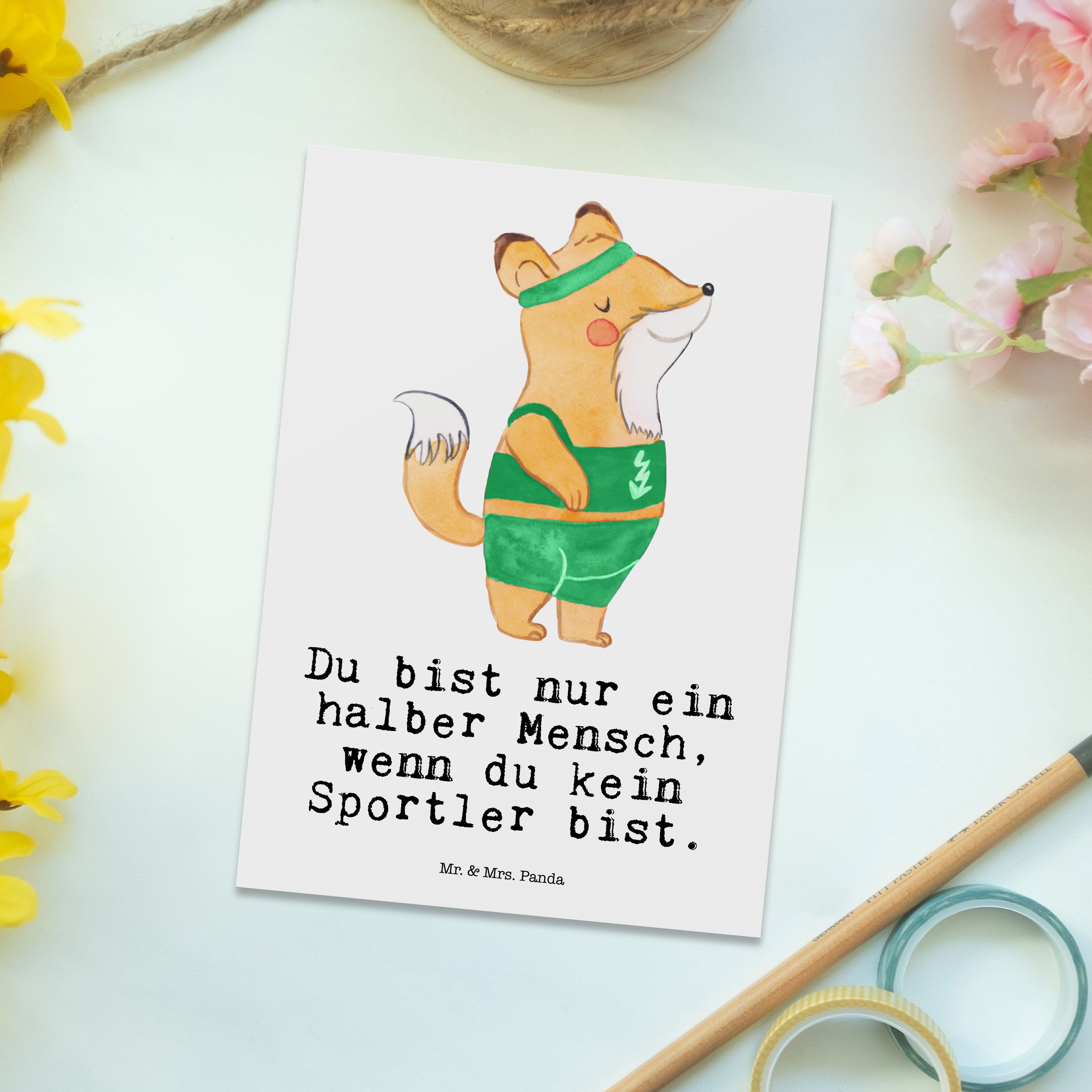 Panda Sportler Herz - mit & Geschenkkarte, Geschenk, - Mrs. Mr. Weiß Einladungskarte Postkarte
