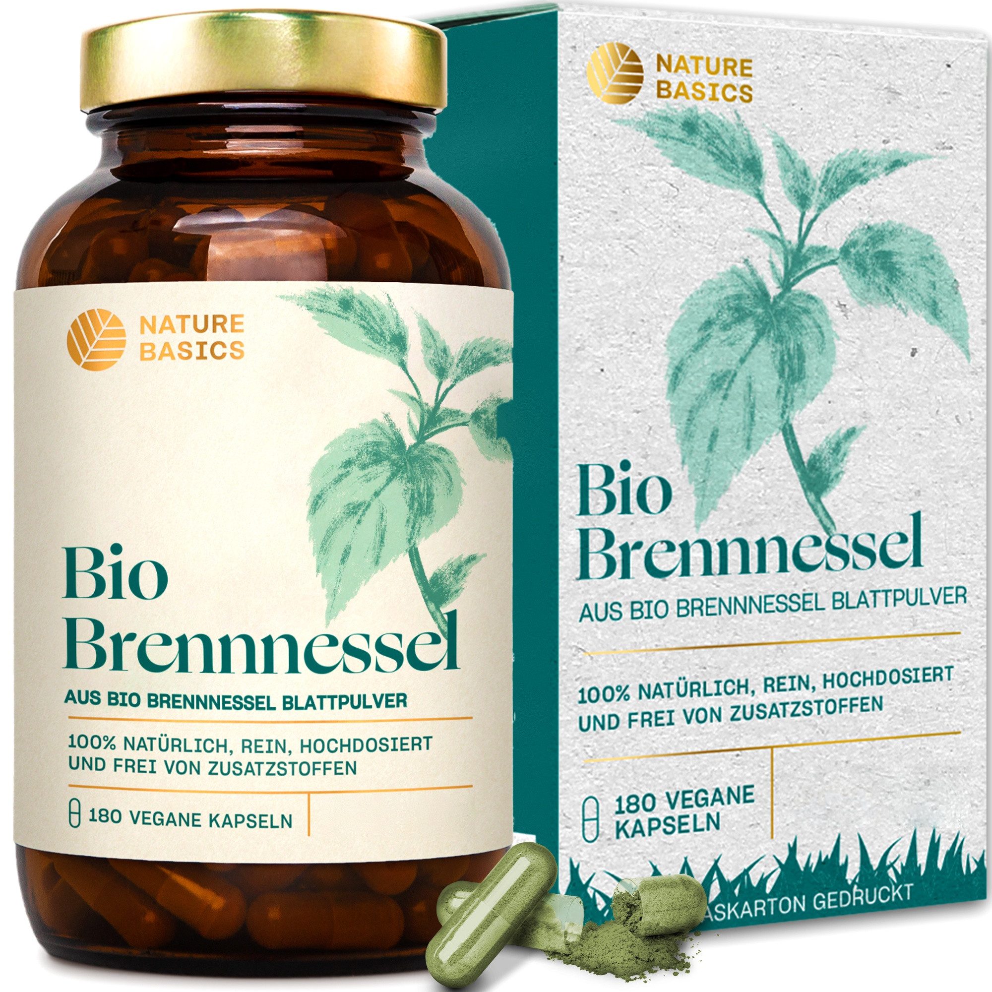 Nature Basics Hochwertiges Bio Brennnessel Vegan im Braunglas 180 Kapseln, 180 St., 103 g