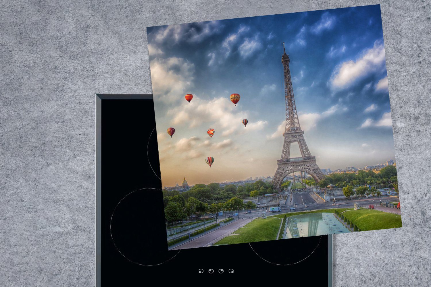 Eiffelturm Ceranfeldabdeckung, Herdblende-/Abdeckplatte Arbeitsplatte tlg), - (1 küche für MuchoWow - Wolken, Heißluftballon cm, 78x78 Vinyl,