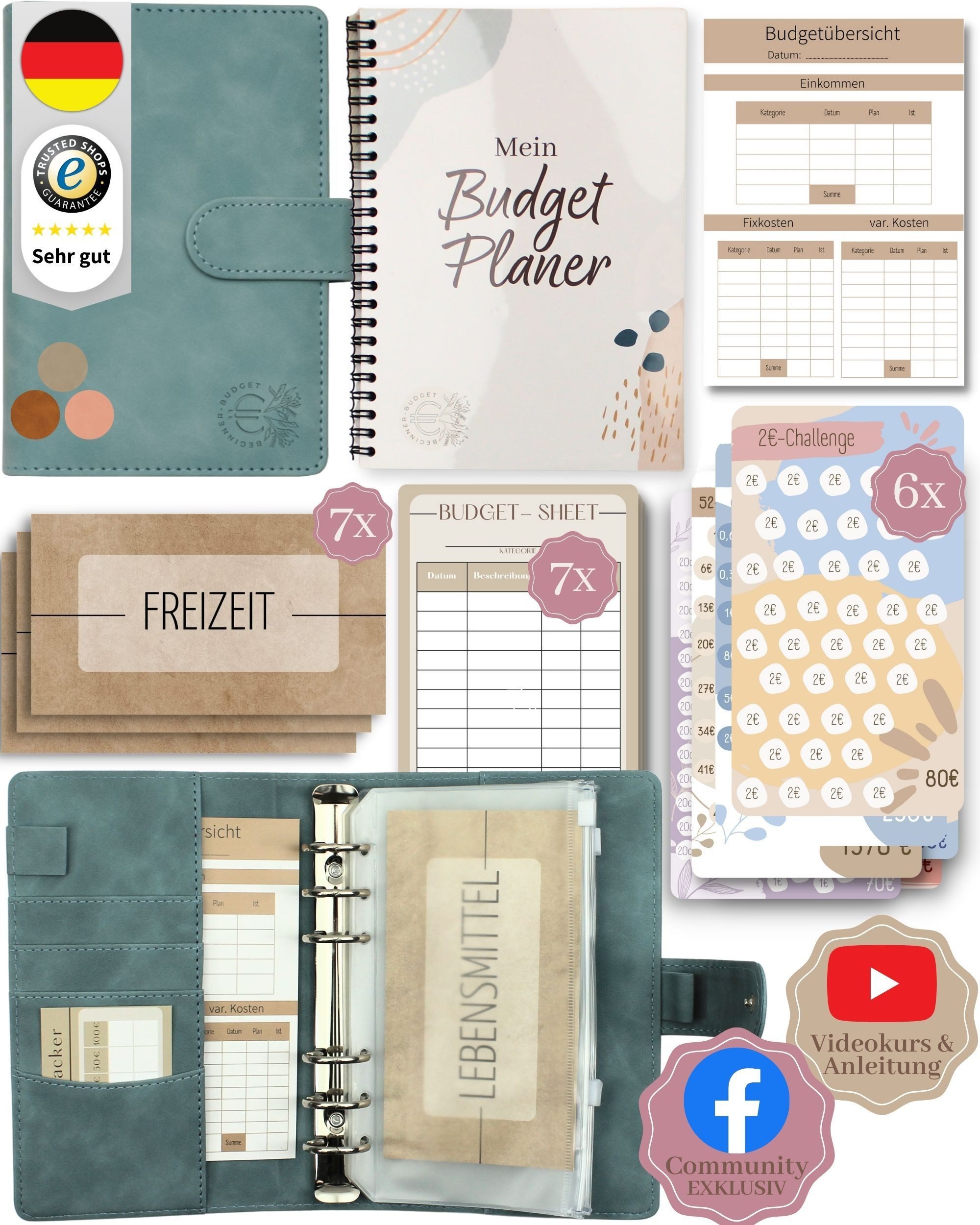 BeginnerBudget Ringbuchkalender Budget Planner & Haushaltsbuch Starter-Set: Sparbuch & Spar-Challenges, Sparen mit Umschlagmethode + Anleitung - Ringbuch - Binder A6