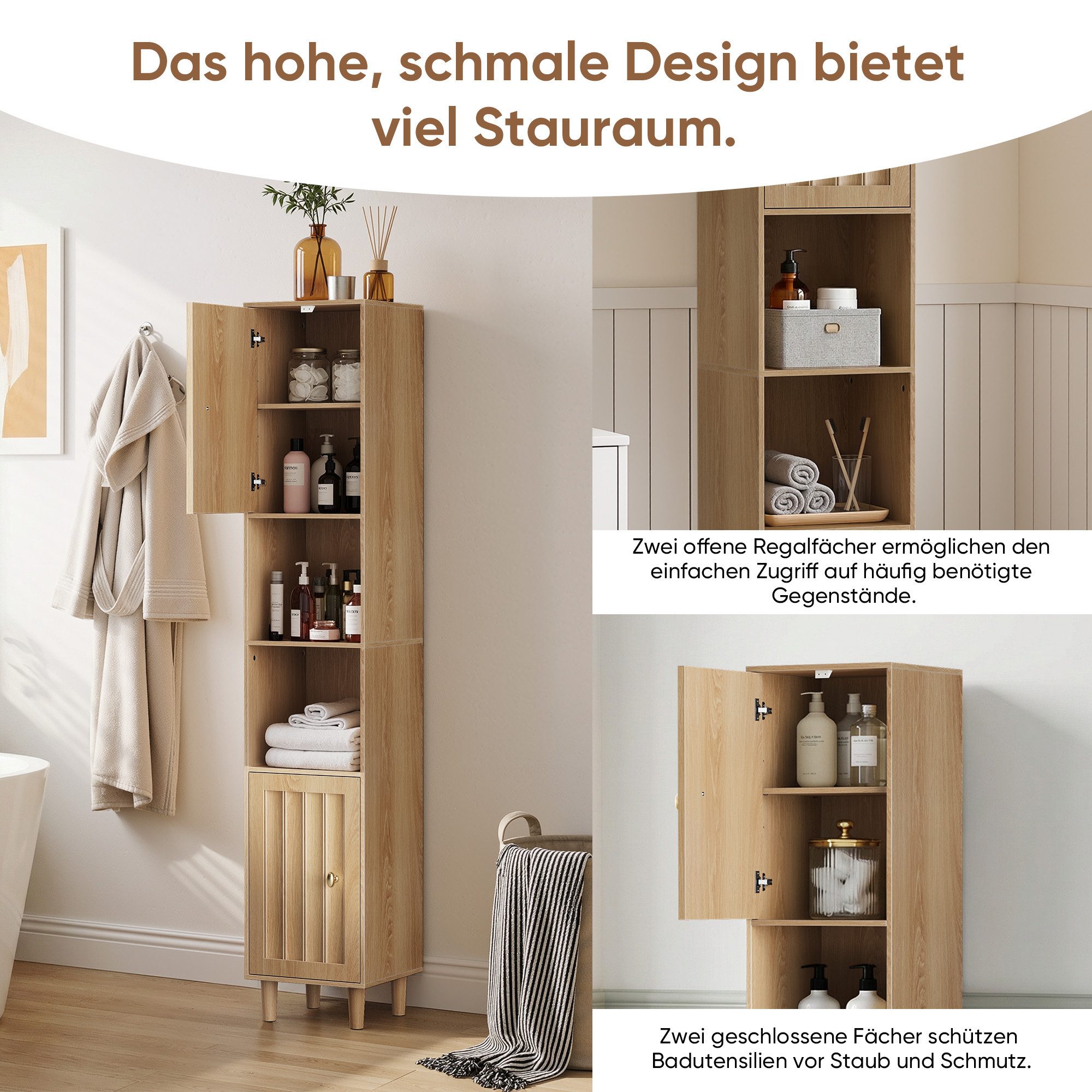 Yorbay Badkommode Badezimmerschrank schmal, Hochschrank mit Türen und offenen Fächern, Freistehender Badschrank mit verstellbaren Einlegeböden, Eiche Optik – Bild 3 von 5