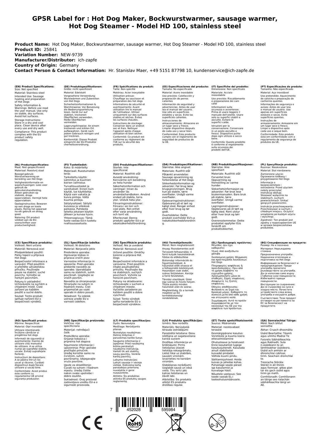 Saro Hotdog-Maker Hot Dog Maker, Wurstwärmer, Hot Dog Steamer - Modell HD 100, Edelstahl