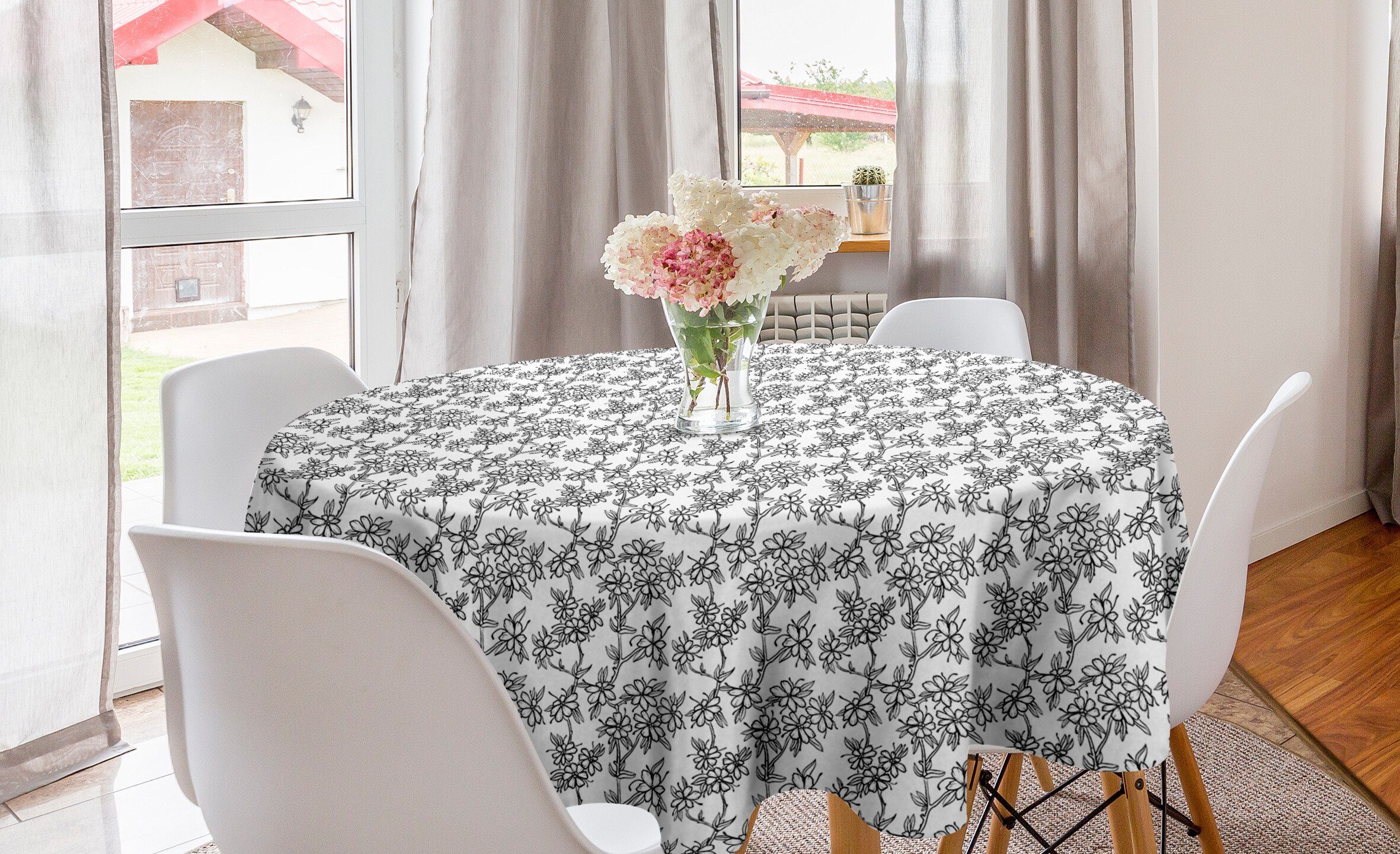 Abakuhaus Tischdecke Kreis Tischdecke Abdeckung für Esszimmer Küche Dekoration, Blumenweinlese monochrome Konzept