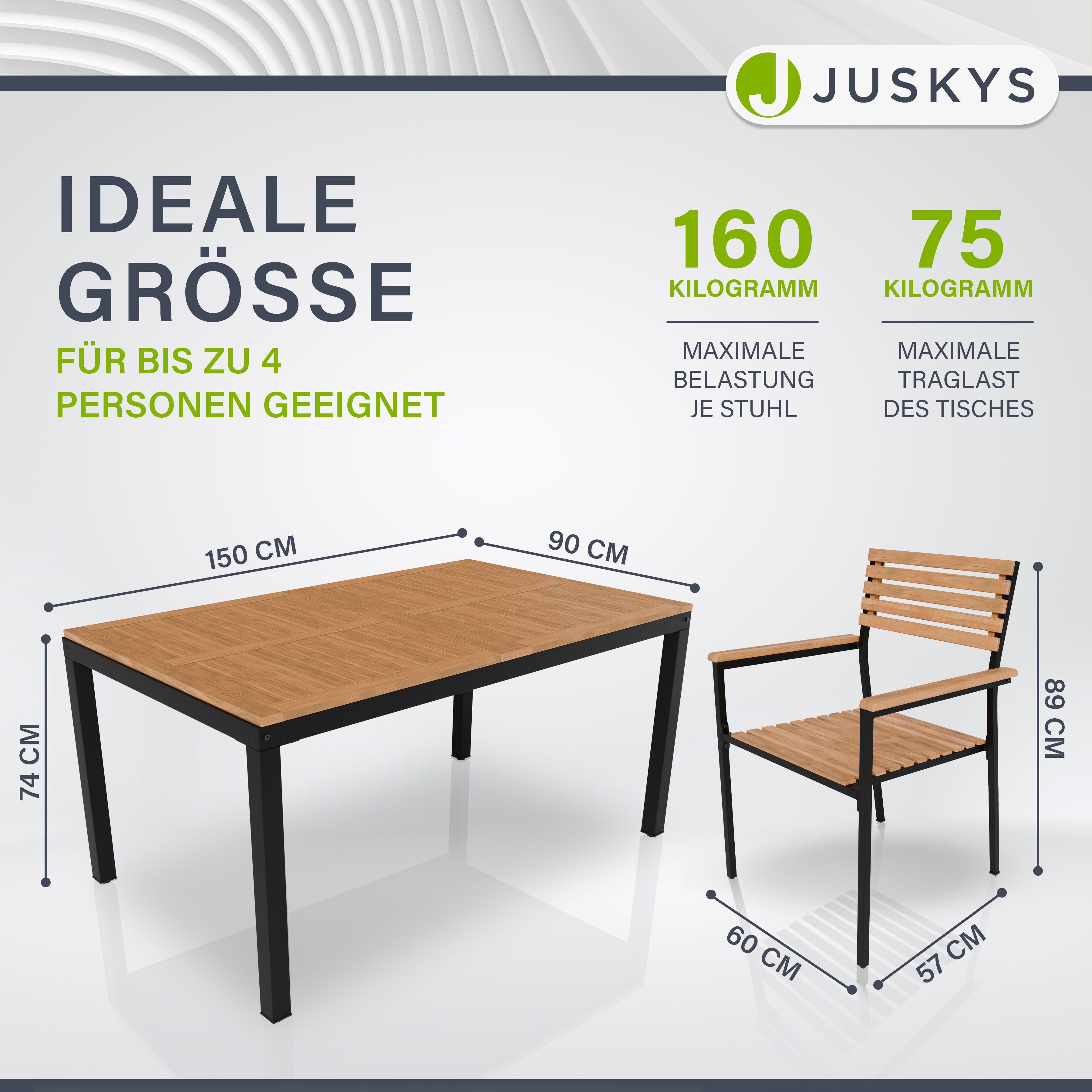 Juskys Garten-Essgruppe Rhodos, (5-tlg), mit Tisch, 4 Stühlen & Kissen, elegante Holzelemente