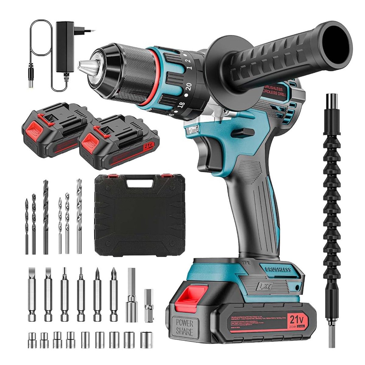 AeroAxis Akku-Bohrschrauber 3 in1, 80 Nm Max, 2x 2000mAh Akkus, 2 Gang, 25+3 Drehmomentstufen, 21 V, max. 3000 U/min, (Set, 61-tlg., mit Koffer & Zubehör), Schlagbohren, Bohren, Schrauben ideal für Handwerk & Renovierung
