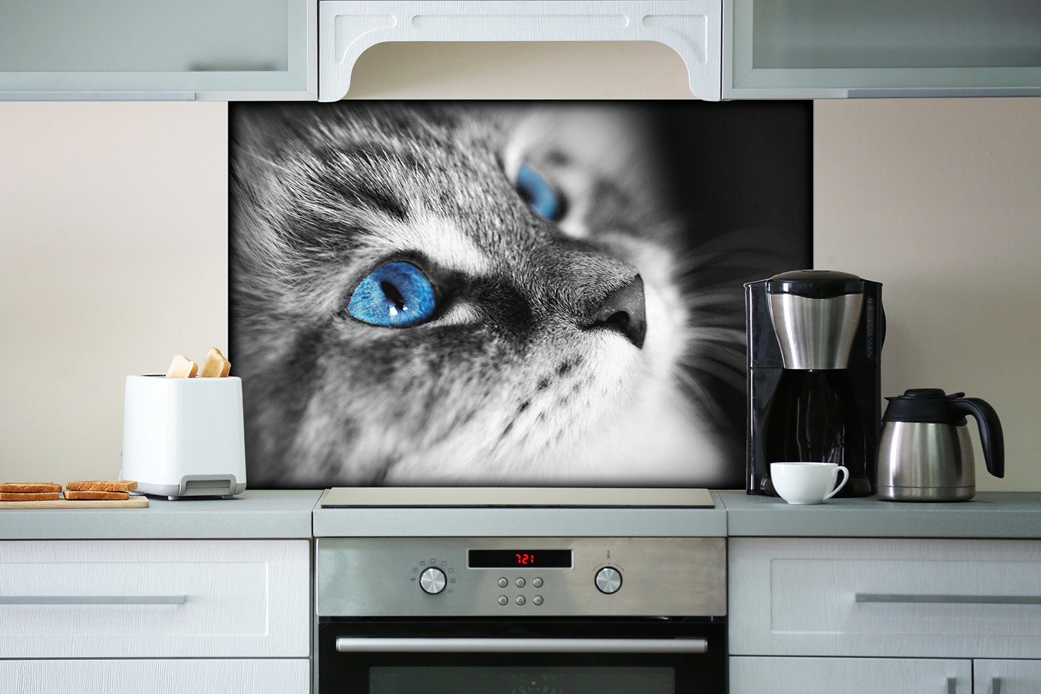 Wallario Katze (1-tlg) getigerte Schwarz-weiß leuchtend Augen, blauen mit Küchenrückwand
