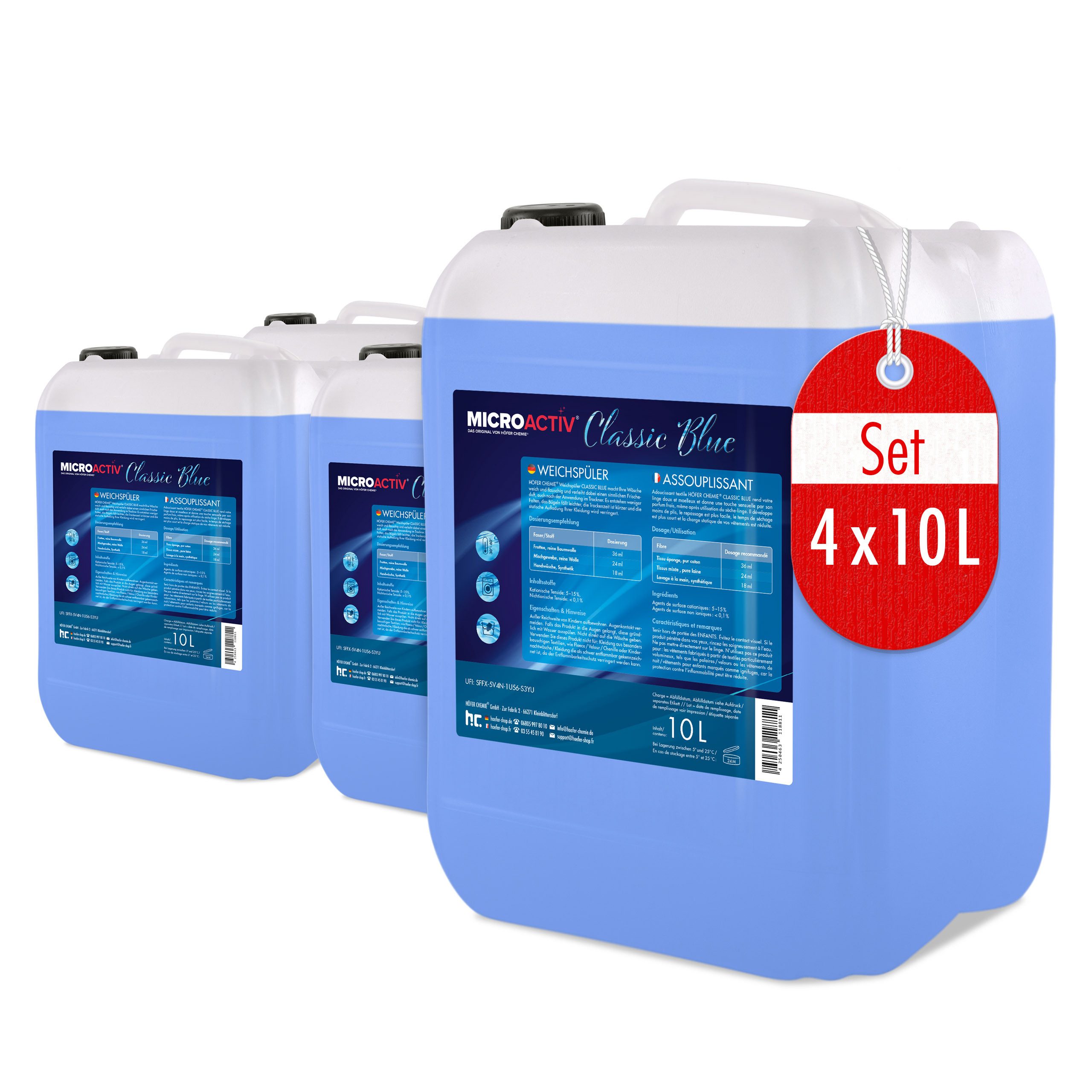Höfer Chemie GmbH 4x 10 L Microactiv® Weichspüler Classic Blue Grundreiniger (Weiche Wäsche mit frischem Duft)