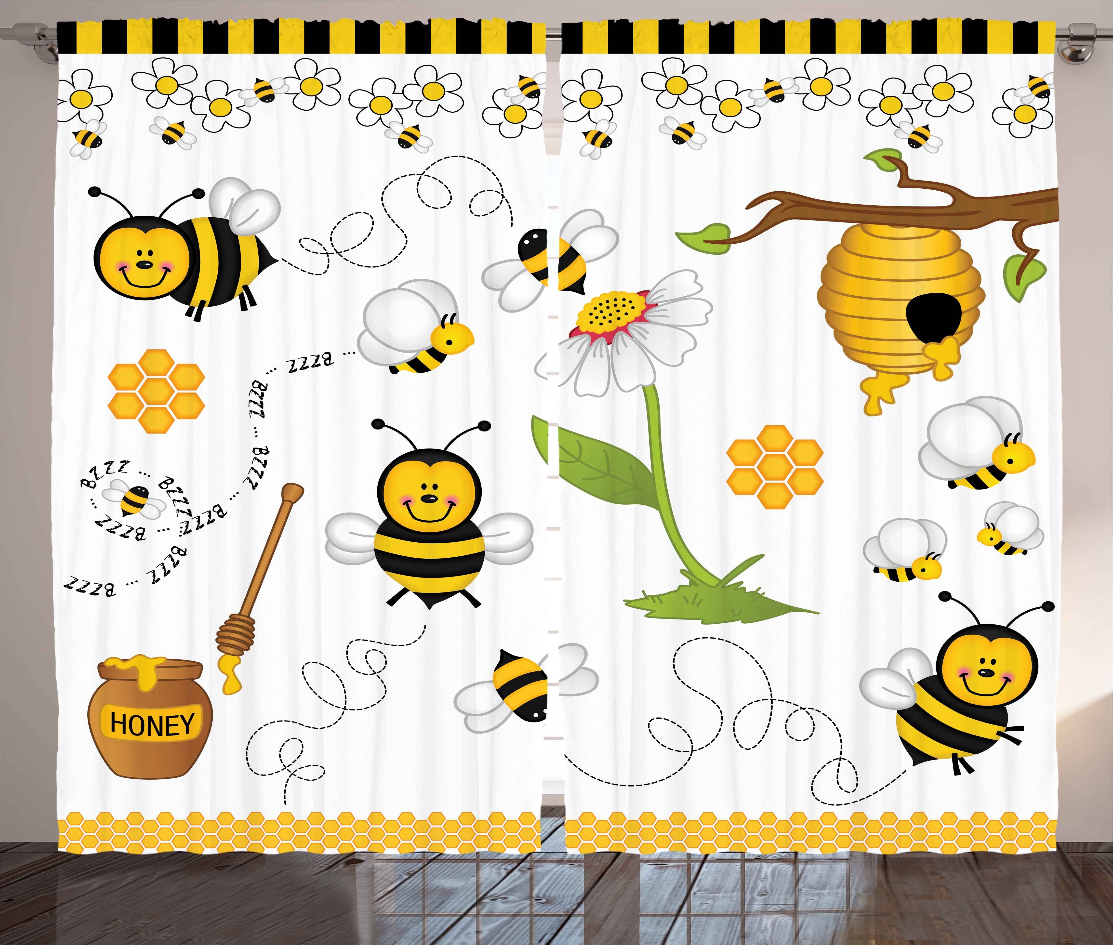 Gardine Schlafzimmer Kräuselband Vorhang mit Schlaufen und Haken, Abakuhaus, Biene Bienen Gänseblümchen Kamille | Fertiggardinen